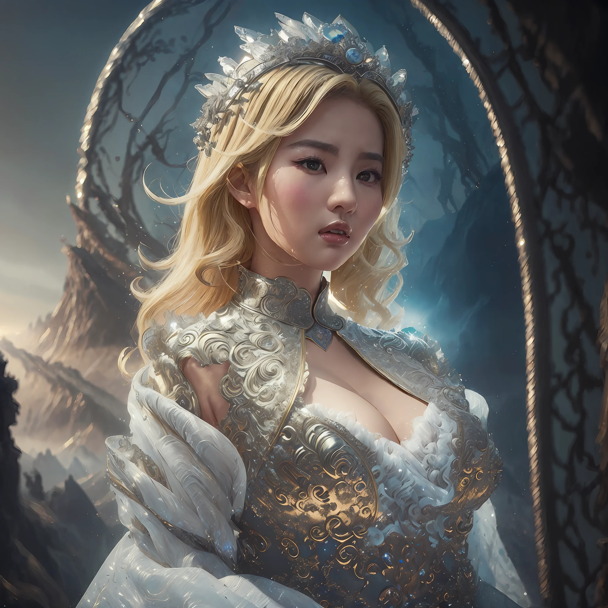 a woman in a silver dress posing for a picture, concept art by Raymond Han, cgsociety contest winner, fantasy art, ((a beautiful fantasy empress)), fantasy dress, a beautiful fantasy empress, karol bak uhd, fantasy gorgeous lighting, fantasy woman, fantasy robe, blonde goddess, style of karol bak, draped in shiny gold and silver, sexy gown