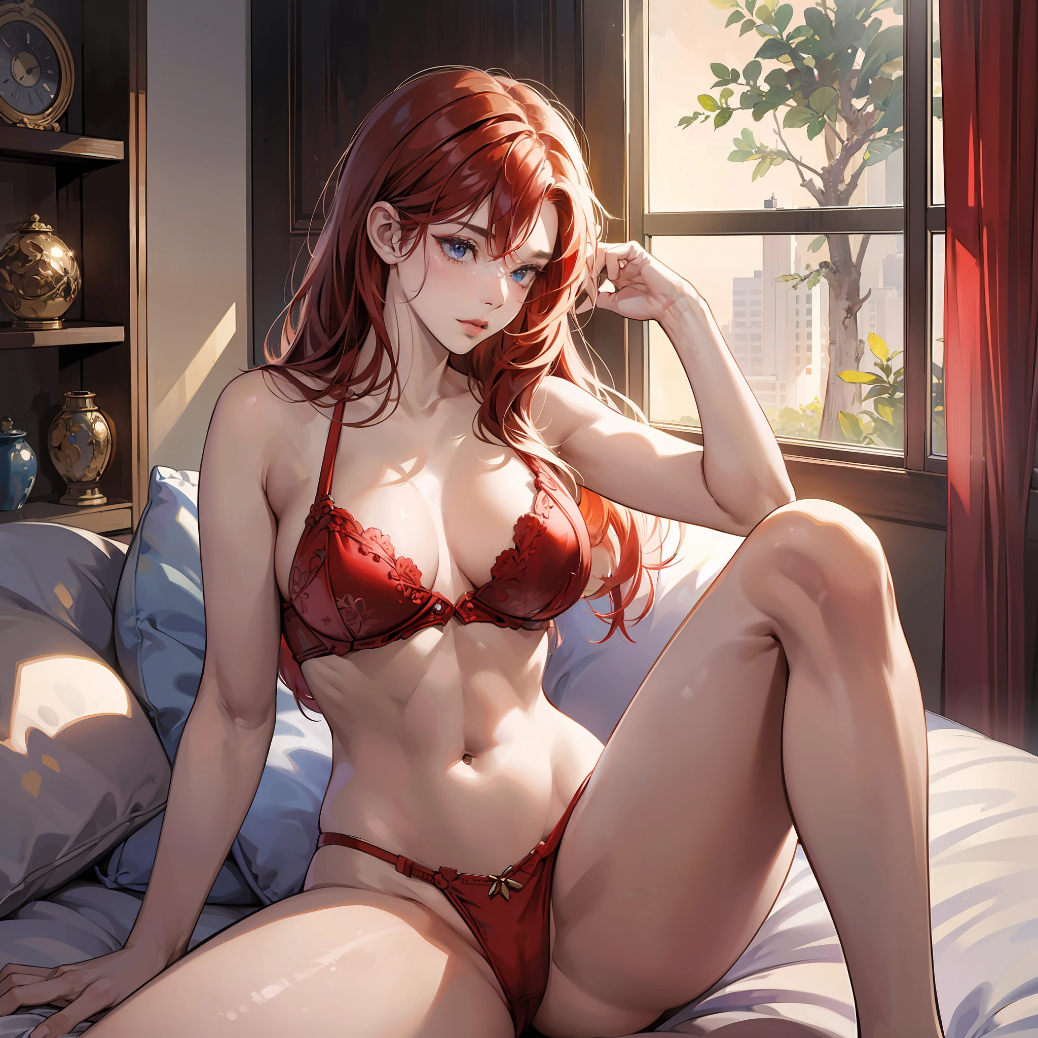 ((masterpiece, best quality)), illustration, ultra detailed 8k, photorealistic, sharp focus, highly detailed, professional lighting, colorful details, 1girl is sitting on the bed, red hair, semi-nude, showing private parts, large breasts, little clothing --auto --s2