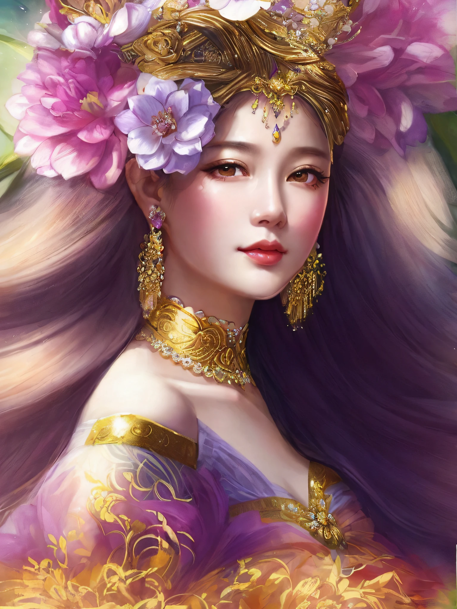 a close up of a woman with a flower in her hair, a beautiful fantasy empress, ((a beautiful fantasy empress)), gilded lotus princess, a beautiful artwork illustration, beautiful fantasy art portrait, by Li Song, portrait of a beautiful goddess, jingna zhang, chinese princess, by Yang J, flower goddess, goddess close-up portrait, inspired by Lan Ying