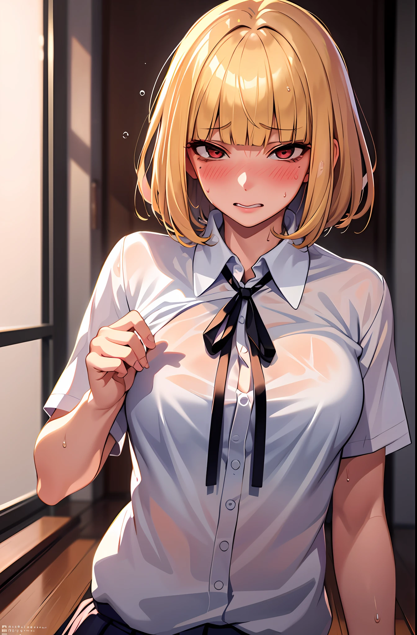 (masterpiece,best quality, detailed), 1girl, solo, indoors, night, upper body, sweat, ahegao, rolling eyes, blush, wet shirt,
midorikawa hana, neck ribbon, collared shirt, school uniform,