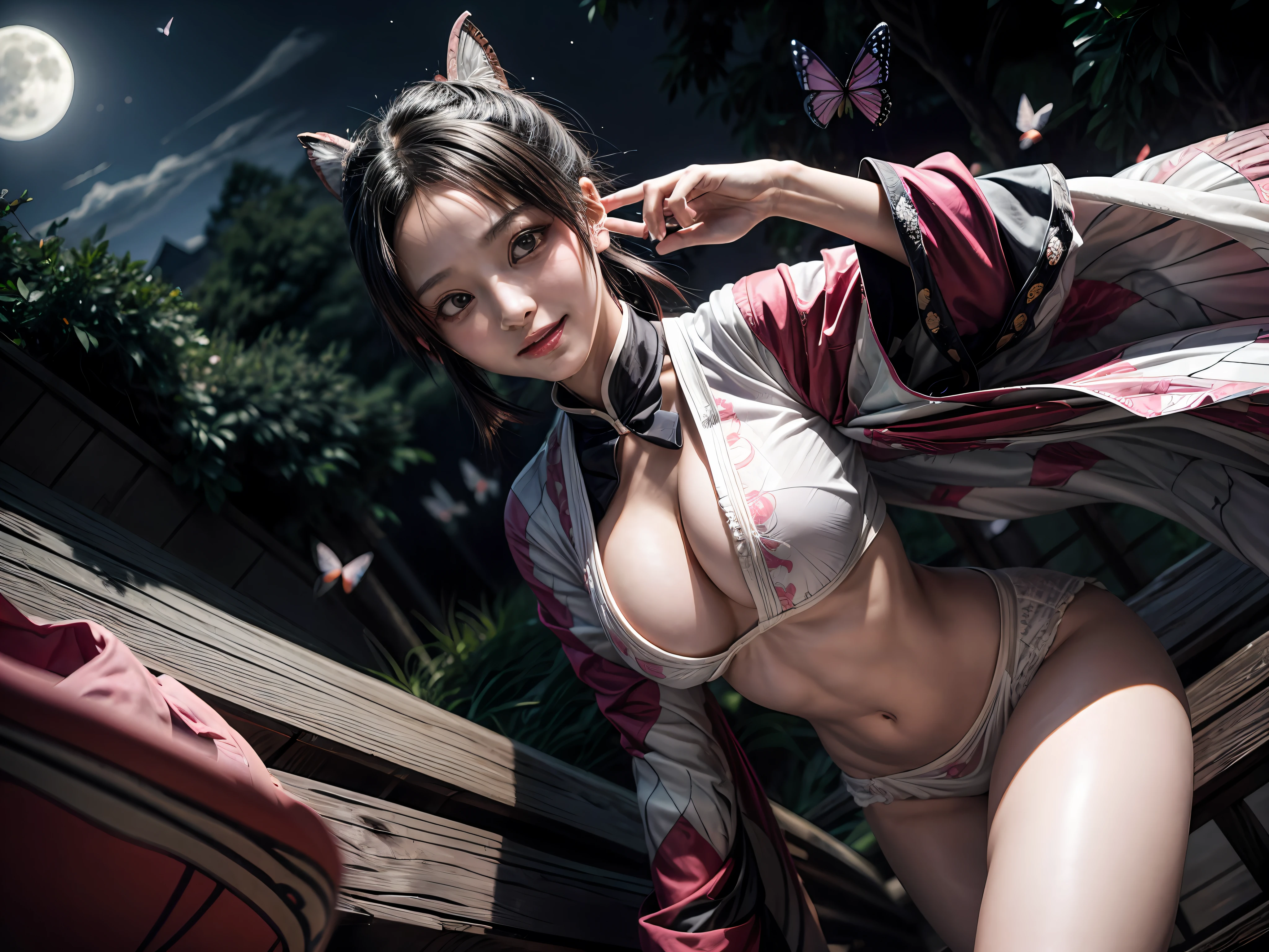 shinobu, Kimetsu no Yaiba manga, 1 girl, smile gently, play with butterflies, dynamic angle shot, ultra detailed, ((hyper realistic)), glittering, moon light, RAW photo, full shot, wide shot, sexy, big breasts