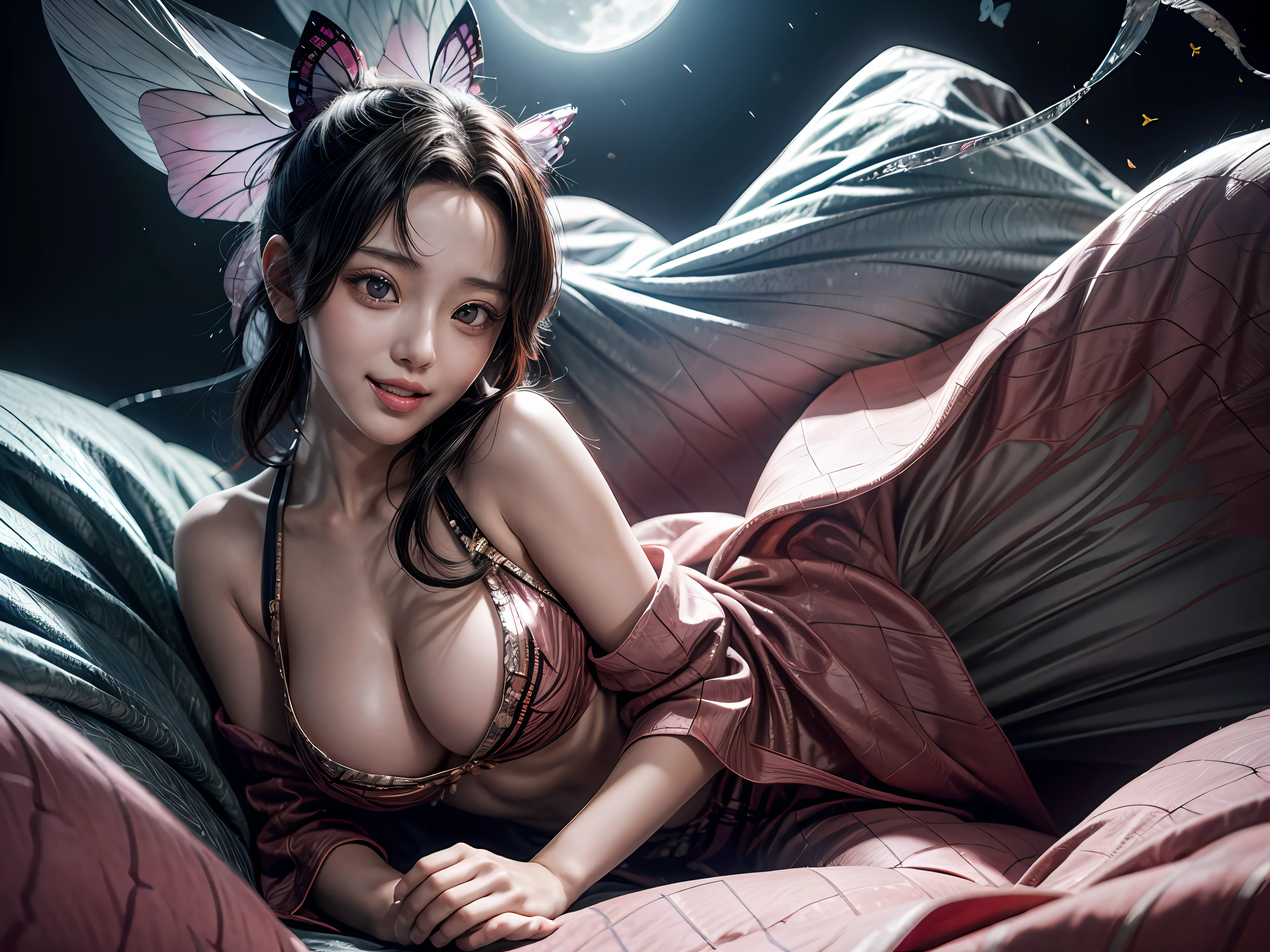 shinobu, Kimetsu no Yaiba manga, 1 girl, smile gently, play with butterflies, dynamic angle shot, ultra detailed, ((hyper realistic)), glittering, moon light, RAW photo, full shot, wide shot, sexy, big breasts