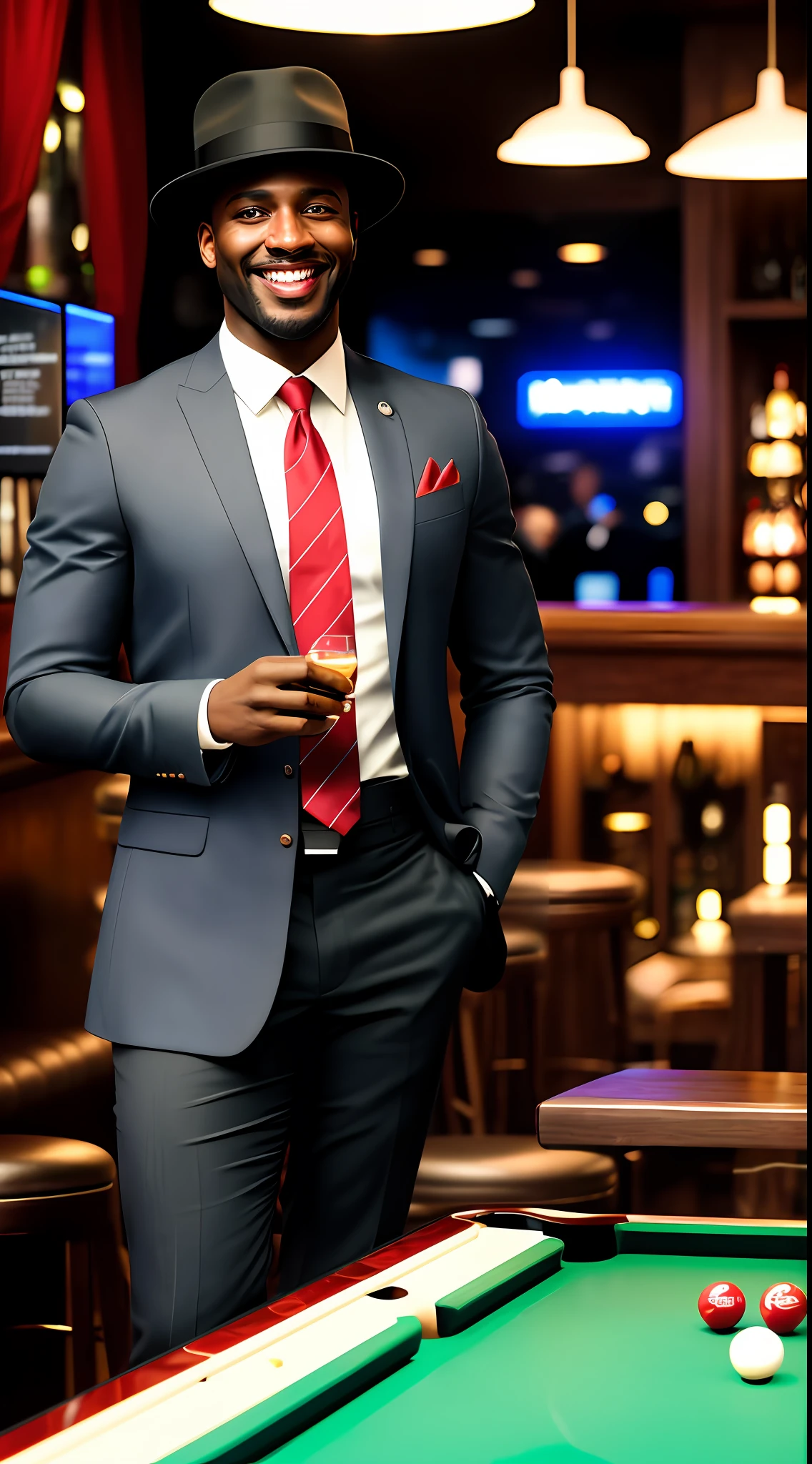 masterpiece, best quality, {{{{portrait}}}}, full body photo, shot at eye level, {{{realism}}}, {{extremely realistic}}, {{photorealistic}}, a black man in white suit and red tie and {{white hat}}, playing extremely perfect billiards balls, in a bar full of people, he smiling, cheerful, happy,, extremely detailed, intricate details, intricate linework, high resolution illustration, firm anatomy, sharp focus, unrealistic engine, octane rendering, 8k, dramatic, volumetric lighting