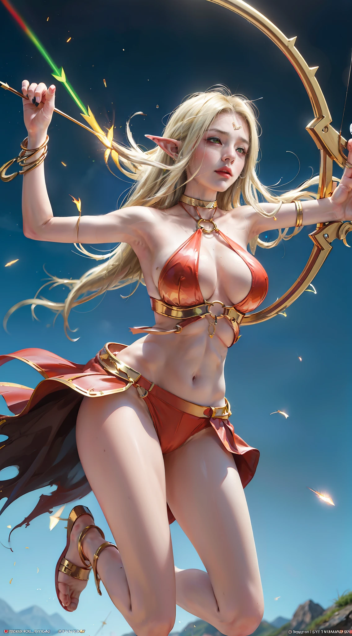 ulzzang-6500-v1.1, (original photo: 1.2), (reality: 1.4), (sharpness: 1.2), (a woman), (perfect body proportions), ((pierced lover)), (lip ring, ring, navel ring, nose ring)), (high jumper figure), (dance sports pose), (: 1.8), (areola( Pectoralis major: 1.0), (sternocleidomastoid muscle: 1.0), (abs: 0.7), (hips: 1.6), (gluteus maximus: 1.8), (biceps: 1.2), (deltoids: 1.4), (groin: 2), (latissimus dorsi: 2), ( pale skin, thin skin, seductive expression, double eyelids, jelly textured lips, glowing lips, cherry small mouth, small upturned lips, (((wind blowing blonde hair, serious expression, close one eye to aim, clench teeth)), moles under the eyes, (((detailed skin texture))), real pores)), textured skin, (wearing gems, pearls, emeralds, amber,), ((tongue nails), (lip nails), (umbilical nails), gemstones refracting dazzling light))), (dynamic hair, layered hair, wet hair, wet skin texture), sweat dripping all over the body, shiny skin, glowing skin, radiant, eyes looking at the hands, high quality details, cinematic lighting, ((backlighting)), ((World of Warcraft), ( Blood Elf)), ((blonde hair, pale skin, skin without any blood, elf ears, extra-long eyebrows, green eyes, bubbling flames,), big red lips)), ridiculous, incredibly ridiculous, huge file size, super detailed, high resolution, very detailed, best quality, masterpiece, illustration, very detailed, CG, unified, 8k wallpaper, amazing, fine details, masterpiece, light on face, backlight, dark clouds, fire rushing sky, movie lighting, 1girl, 16 years oldion of the height jumper)),((slender body)),(No panties))))),(No pants))socks)))),(No skirt)))),(No shoes))),(Dynamic posture))),(( Dynamic posture with one hand and the other pulling the bowstring),((Shoot an arrow into the sky, draw a bow, shoot a burning arrow)))), (((Tight muscles)))),, Draw a bow and shoot arrow)))),{((( Holding a longbow decorated with phoenix head gold)),((shining transparent bowstring)),(fine feather pat