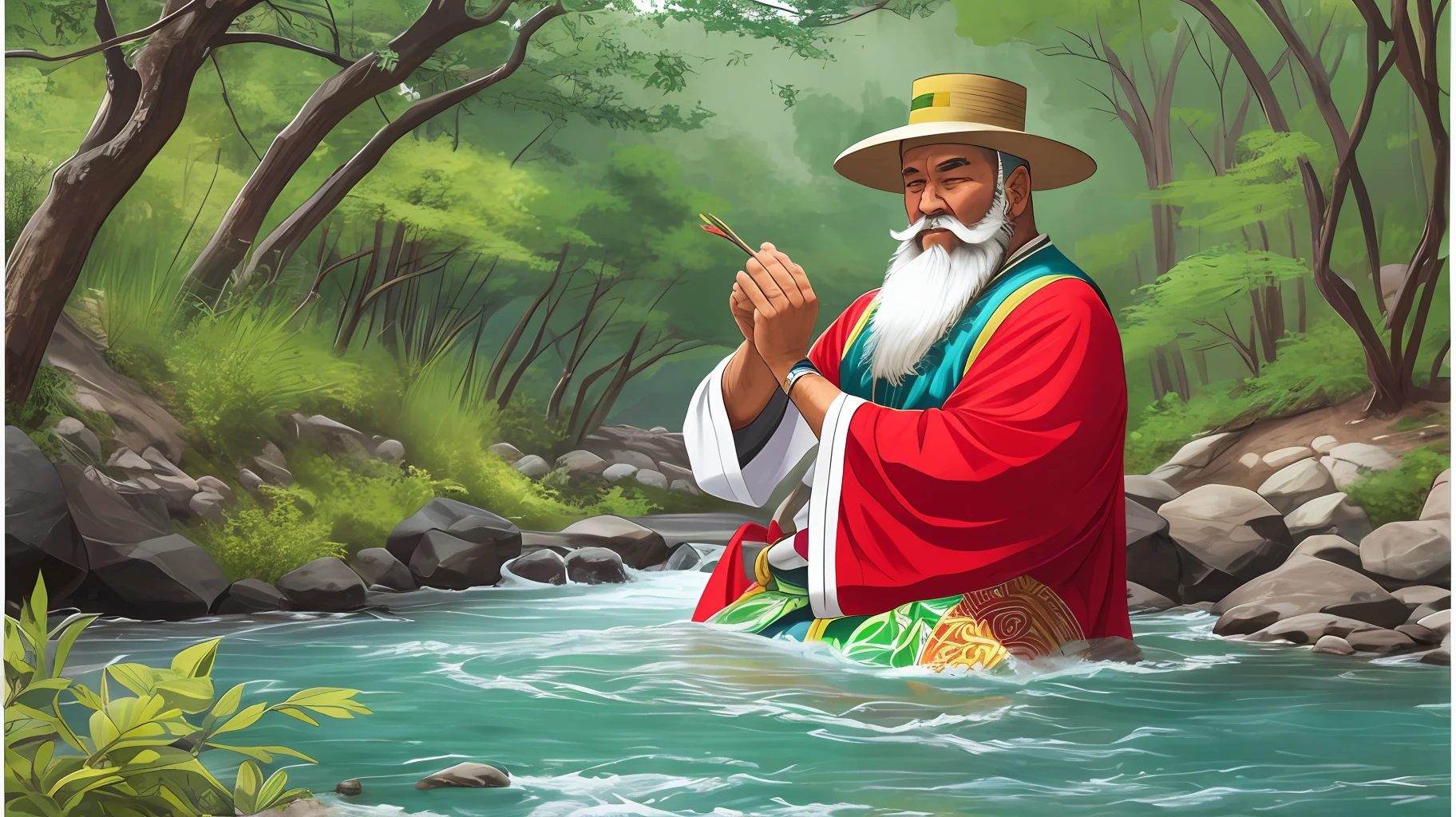 "near a river, Chinese sage with a white beard, in a hand-drawn style and with vibrant and cheerful colors" --auto --s2