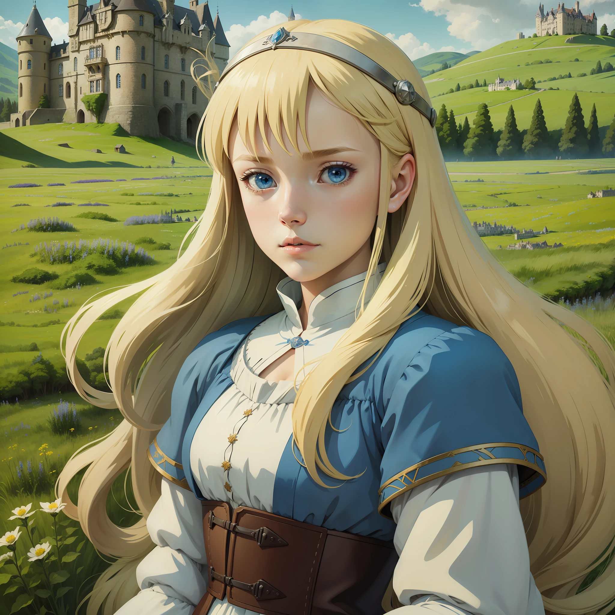 Girl, teenager, long blonde hair, white skin, blue eye, MEDIEVAL CLOTHING, STUDIO GHIBLI STYLE, PORTRAIT, PORTRAIT, MEADOW BACKGROUND WITH CASTLE IN THE BACKGROUND