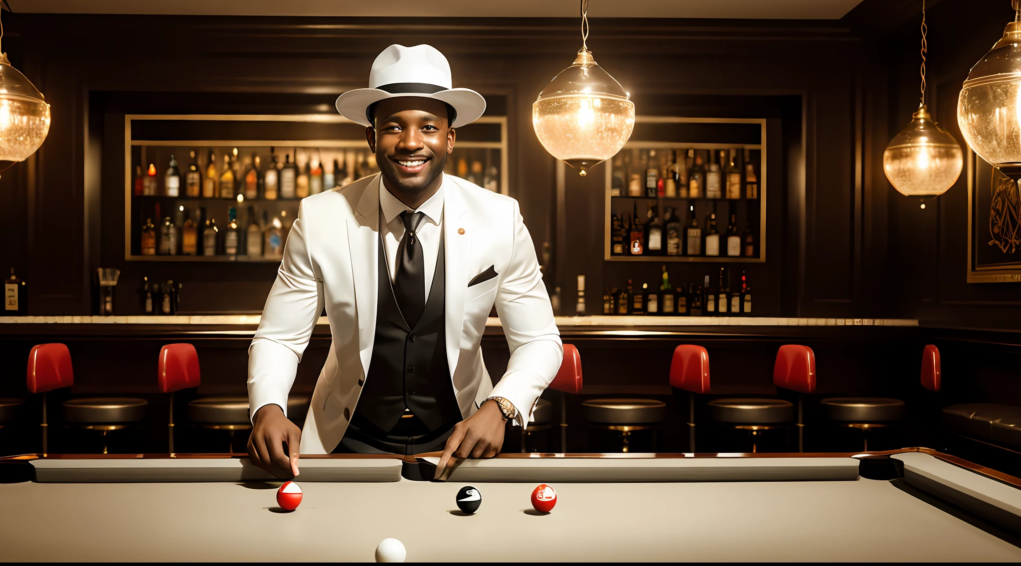 masterpiece, best quality, {{{{portrait}}}}, full body photo, shot at eye level, {{{realism}}}, {{extremely realistic}}, {{photorealistic}}, a black man in white suit and red tie and {{white hat}}, playing extremely perfect billiards balls, in a bar full of people, he smiling, cheerful, happy,, extremely detailed, intricate details, intricate linework, high resolution illustration, firm anatomy, sharp focus, unrealistic engine, octane rendering, 8k, dramatic, volumetric lighting