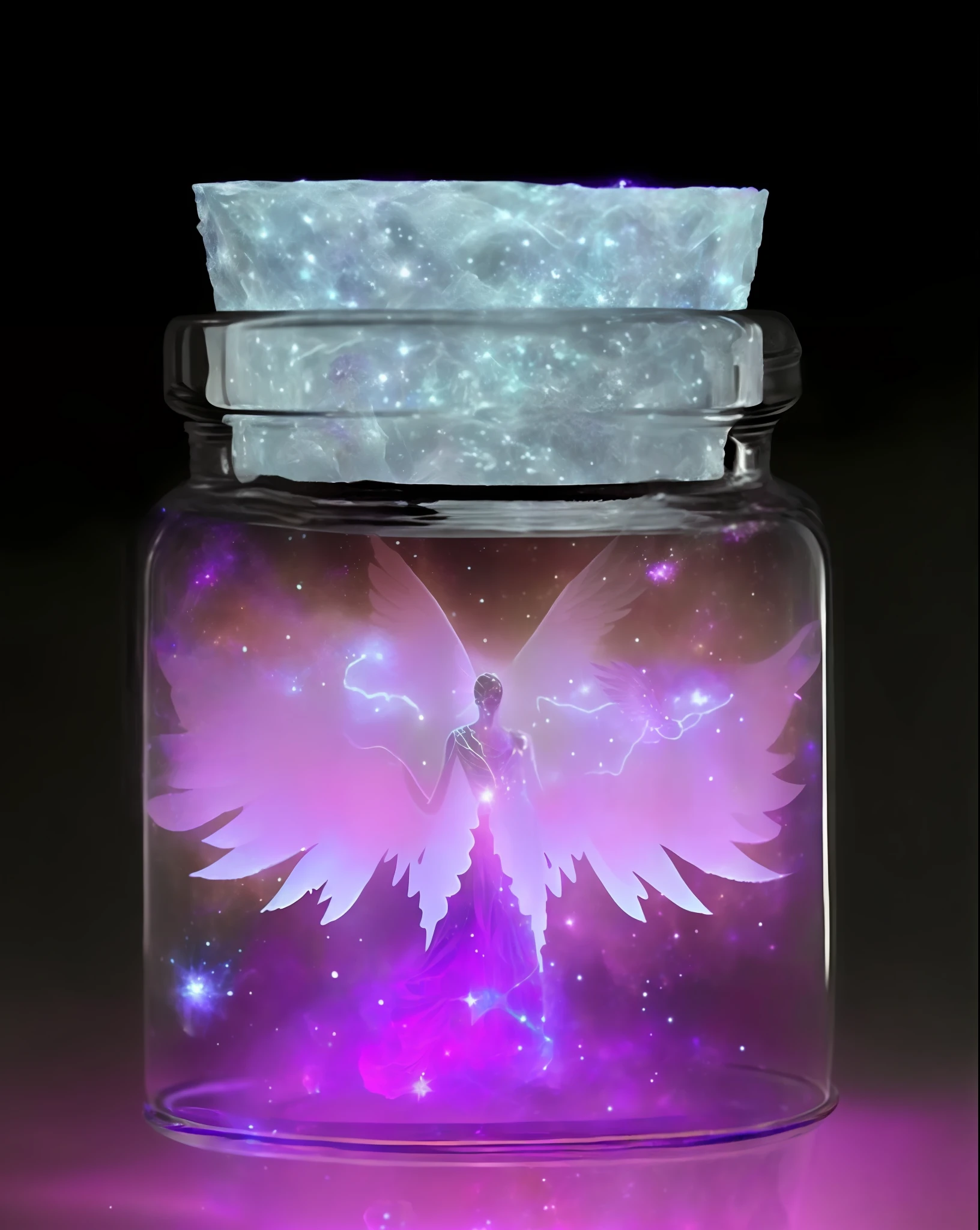 there is a glass jar with a purple and white angel inside, galaxy in a bottle, hyperdetailed scp artifact jar, glowing jar, dreamscape in a jar, vial of stars, ashes crystal, filled with bioluminescence, cosmic horror entity with wings, in the astral plane ) ) ), wings made of glass, magical and mystical, ancient fairy dust