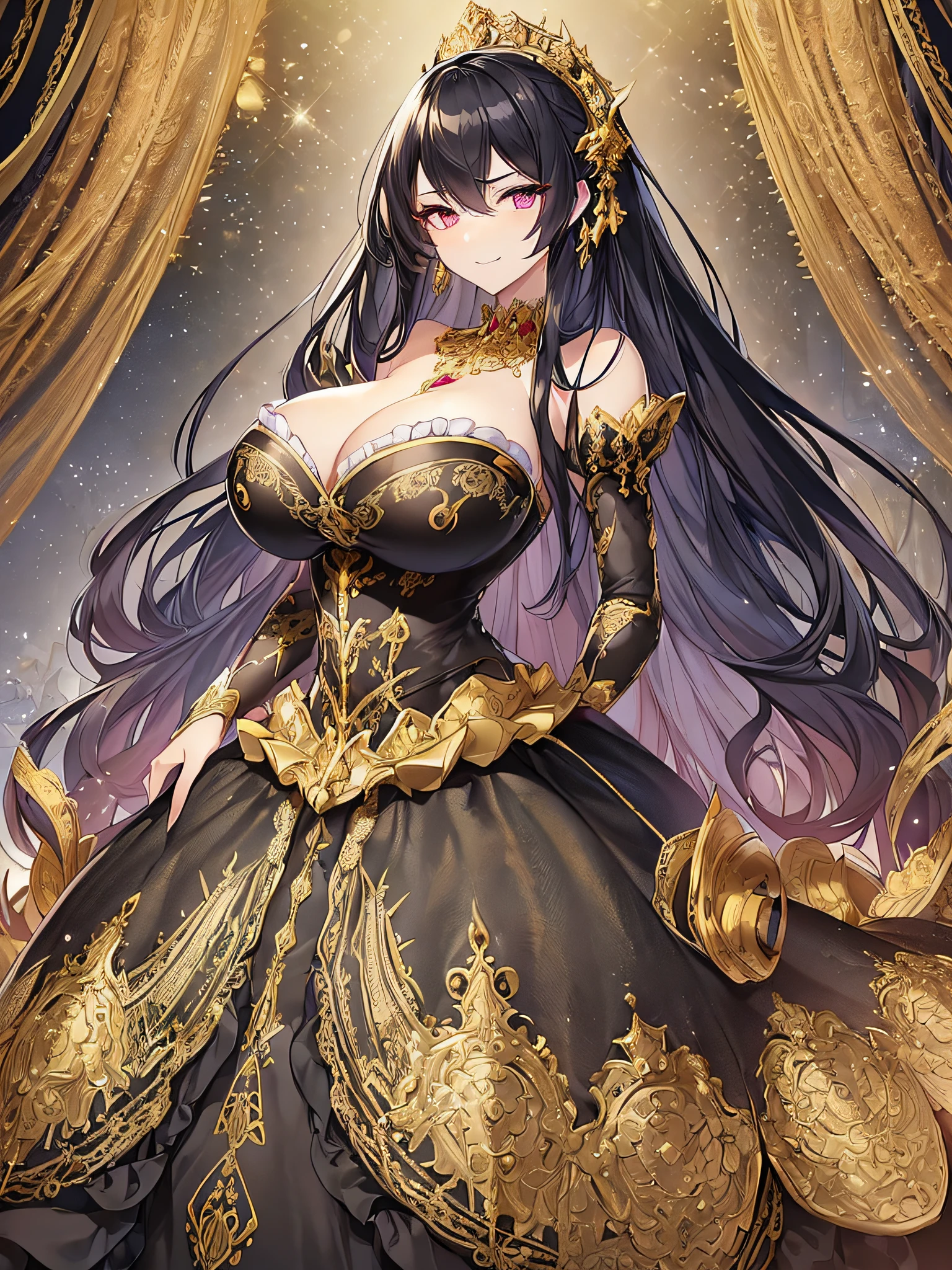 ((anime moe artstyle)),((Masterpiece)), (Best Quality), (Super Detail), Illustration, (((Very Delicate and Beautiful))),((Dynamic Angle)),Looking at viewer,((((Solo)))),(((Full body))),(((1 arrogant empress wearing gorgeous black ballgown with gigantic breasts))),(standing),dominant pose,(arrogant),(((haughty smile))),Purple eyes,(Sharp eyes),Detailed Face, Long Eyelashes,Jet Black Hair,Straight Hair,((Very Long Hair)),((Bangs between eyes)),(((gigantic breasts,Huge breasts,Bulging breasts,Long breasts))),cleavage,((skindentation)),curvy,See-through,(((luxurious lace and ruffled black and gold rococo ballgown adorned with abundant jewels and gorgeous embroidery))),(((voluminous black and gold rococo dress with a flared hemline))),(fluffy rococo ball gown with gorgeous embroidery and lace),((gold trim)),((full length hoop skirt)),corset,crinoline,opera gloves,Beautifully Gorgeous jeweled big tiara,Beautifully Gorgeous gem earrings,Beautifully Gorgeous jeweled necklace,Beautifully Gorgeous jeweled ornaments,indoor,light particles,royal palace,