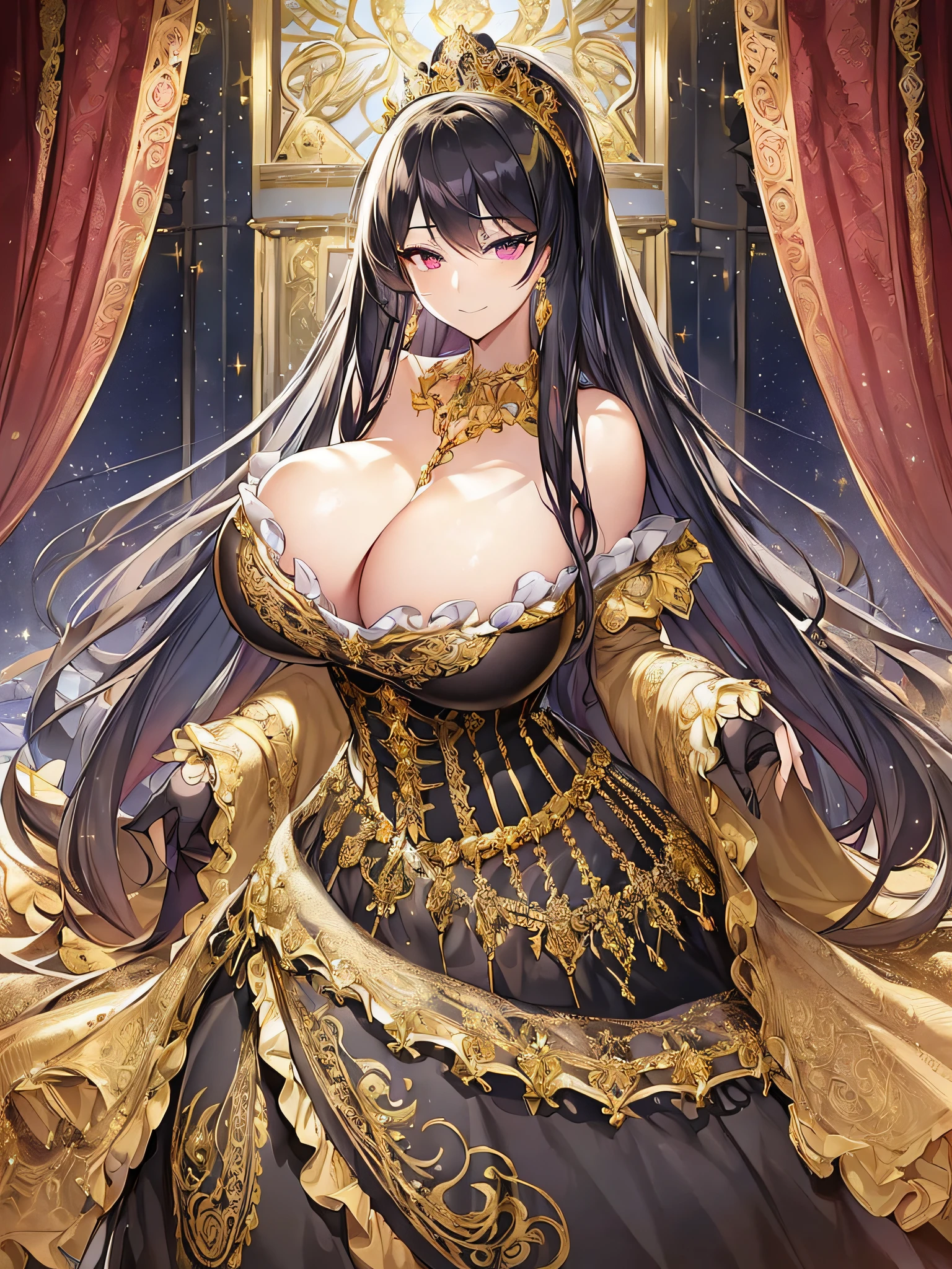 ((anime moe artstyle)),((Masterpiece)), (Best Quality), (Super Detail), Illustration, (((Very Delicate and Beautiful))),((Dynamic Angle)),Looking at viewer,((((Solo)))),(((Full body))),(((1 arrogant empress wearing gorgeous black ballgown with gigantic breasts))),(standing),dominant pose,(arrogant),(((haughty smile))),Purple eyes,(Sharp eyes),Detailed Face, Long Eyelashes,Jet Black Hair,Straight Hair,((Very Long Hair)),((Bangs between eyes)),(((gigantic breasts,Huge breasts,Bulging breasts,Long breasts))),cleavage,((skindentation)),curvy,See-through,(((luxurious lace and ruffled black and gold rococo ballgown adorned with abundant jewels and gorgeous embroidery))),(((voluminous black and gold rococo dress with a flared hemline))),(fluffy rococo ball gown with gorgeous embroidery and lace),((gold trim)),((full length hoop skirt)),corset,crinoline,opera gloves,Beautifully Gorgeous jeweled big tiara,Beautifully Gorgeous gem earrings,Beautifully Gorgeous jeweled necklace,Beautifully Gorgeous jeweled ornaments,indoor,light particles,royal palace,