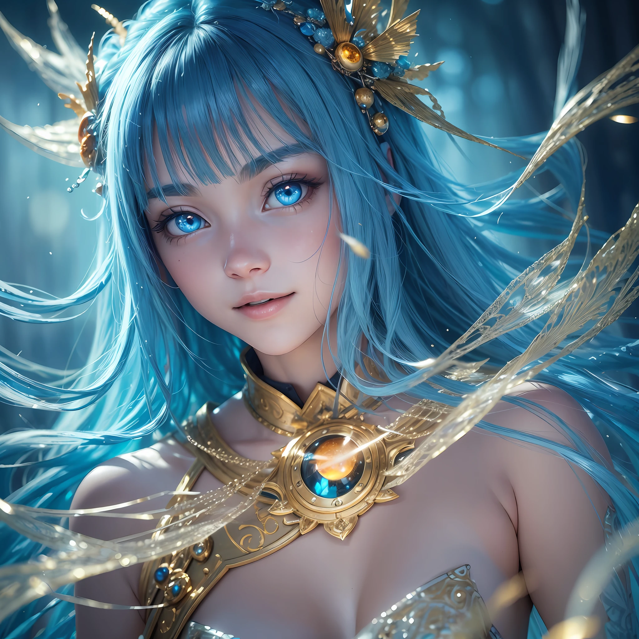 fish hair ornament, bright eyes, sparkling pupils, amber eyes, laughing, high detail, Surrealism, hyperrealism, ray tracing, depth of field, cinematic lighting, reflective light, bright light, film grain, close-up, panorama, 16k, masterpiece, super detail, a people living underwater, blue hair, very long hair, close mouth, smile face, full fine armour --auto --s2