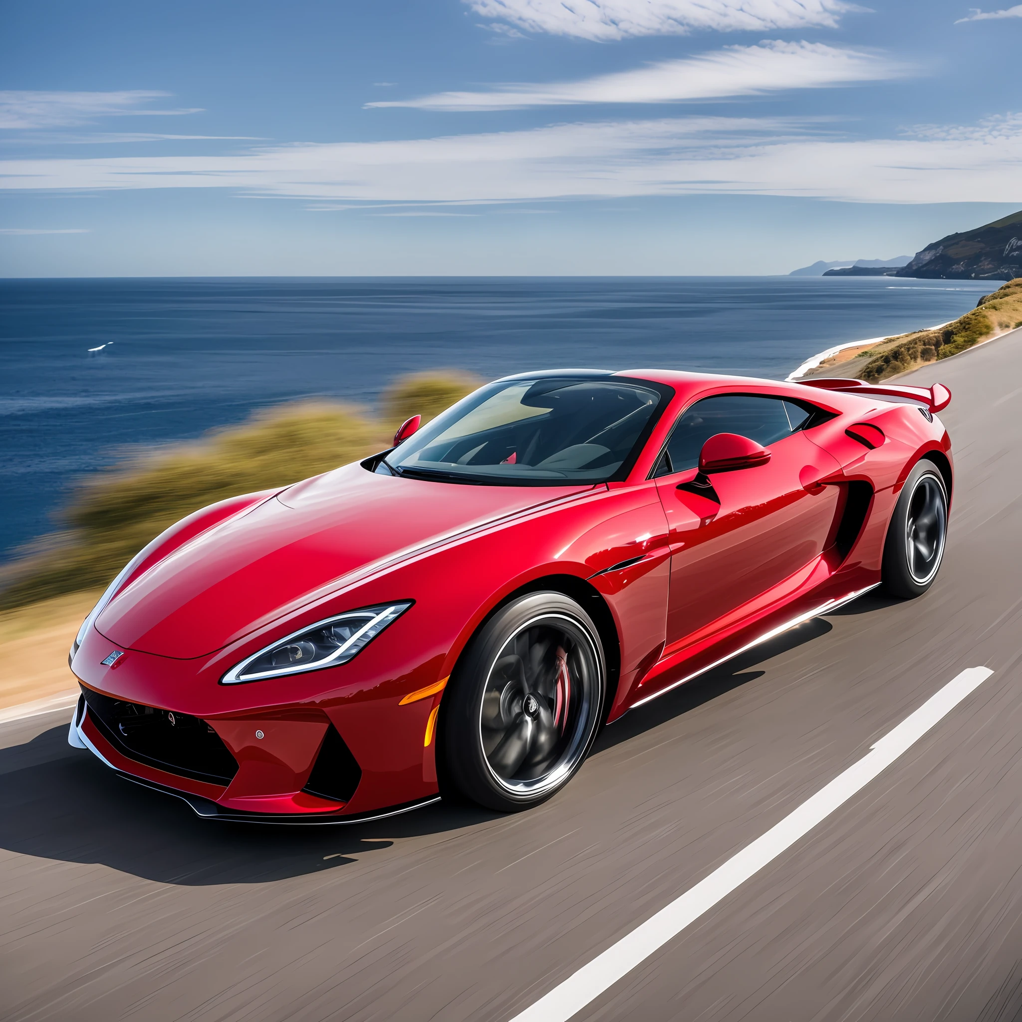 A red sports car at high speed, with an aerodynamic design and elegant lines, bright chrome wheels and bright LED headlights, on a coastal road with winding curves and panoramic views of the ocean, the salty air filling the environment, an atmosphere of freedom and adrenaline --auto --s2