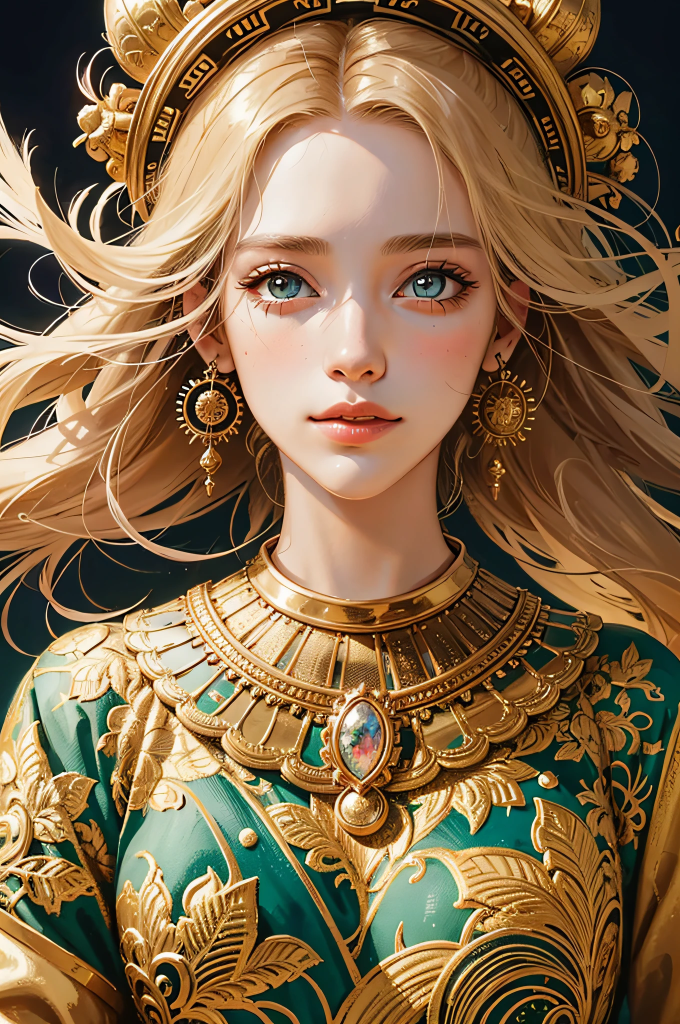 PerfectNwsjMajic,(masterpiece, top quality, best quality, official art, beautiful and aesthetic:1.2), (1girl), extreme detailed,colorful,highest detailed, official art, unity 8k wallpaper, ultra detailed, beautiful and aesthetic, beautiful, masterpiece, best quality, (zentangle, mandala, tangle, entangle) ,holy light,gold foil,gold leaf art,glitter drawing,