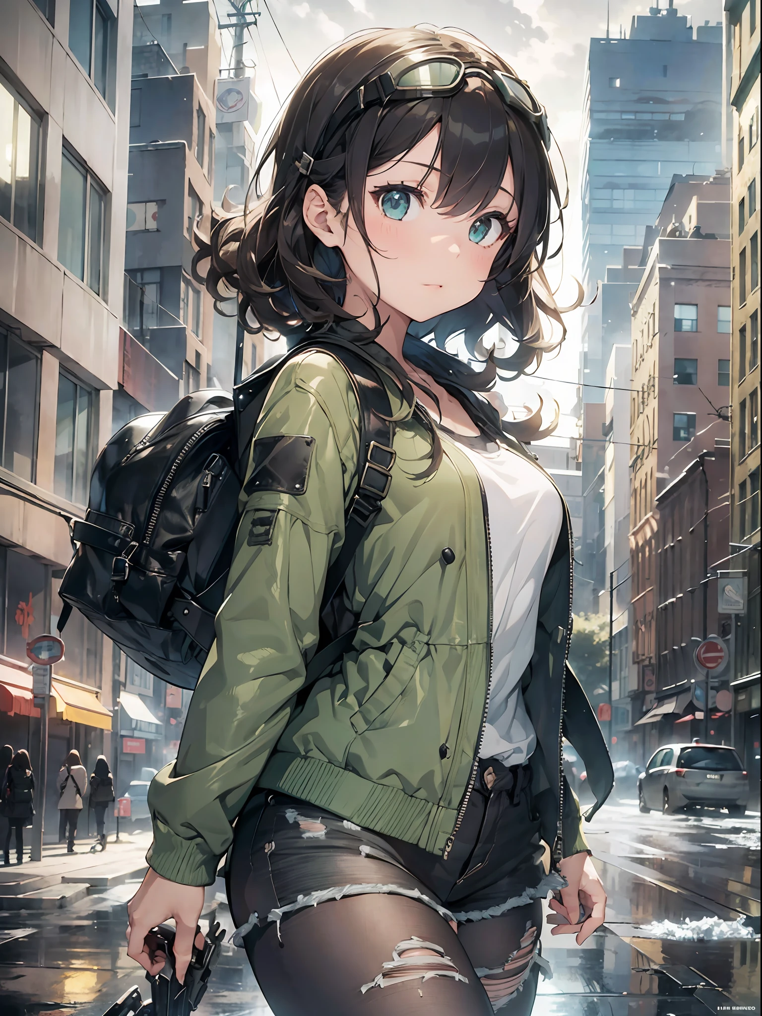 1girl, (solo:1.2), ((masterpiece)), [slim], (small breasts), pale skin, ((detailed eyes)), (bokeh effect), (dynamic angle), dynamic pose, (deserted city), green eyes, curly hair, leather jacket, ripped jeans, high boots, (backpack), knife holder, (goggles), (sinking buildings), (dark and cloudy sky),