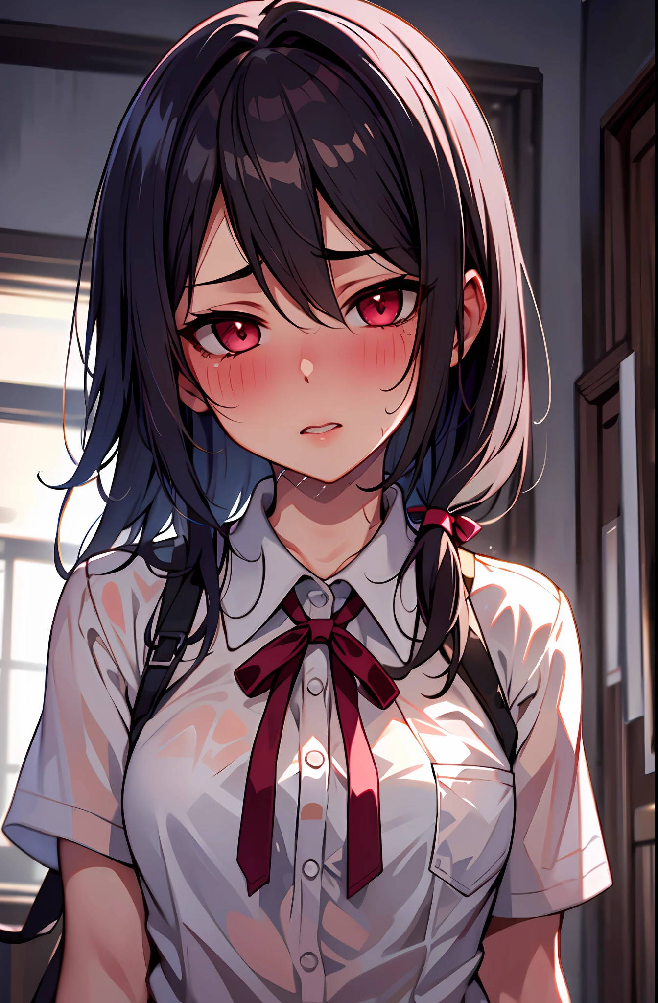 (masterpiece,best quality, detailed), 1girl, solo, indoors, night, upper body, sweat, ahegao, rolling eyes, blush, wet shirt,
midorikawa hana, neck ribbon, collared shirt, school uniform,