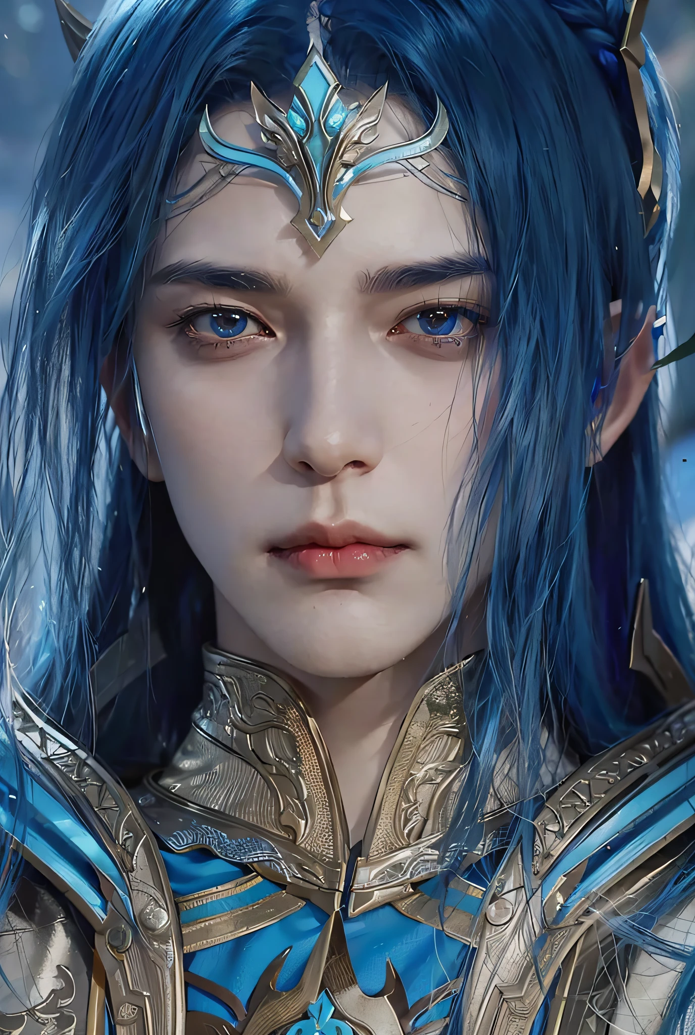a close up of a person with blue hair and a blue wig, zhao yun, beautiful male elf, heise jinyao, unreal engine render saint seiya, a male elf, 8k highly detailed face, elven male, elven character with smirk, 4 k detail fantasy, blue elf, xianxia fantasy, xianxia hero