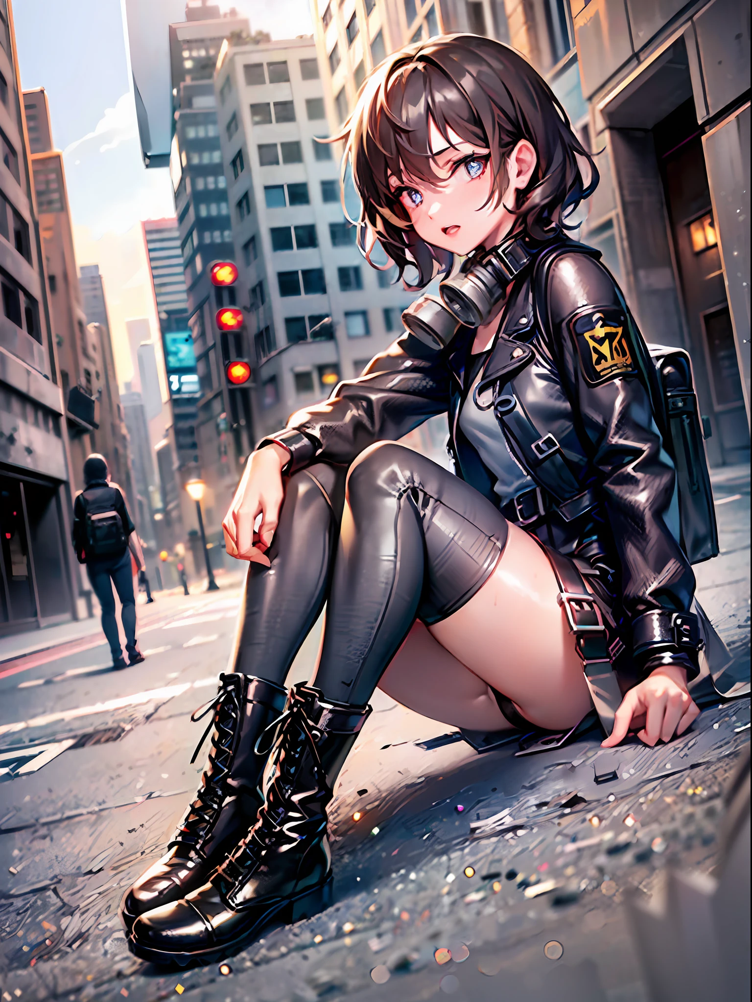 1girl, (solo:1.2), ((masterpiece)), [slim], (small chest), pale skin, ((detailed eyes)), (bokeh effect), (dynamic angle), dynamic pose, (deserted city:1.3), short curly hair, leather jacket, ripped jeans, high boots, (backpack), knife holder, (gas mask), (sinking buildings), (dark and cloudy sky), dirty hair, (wasteland), dirty hair, radio