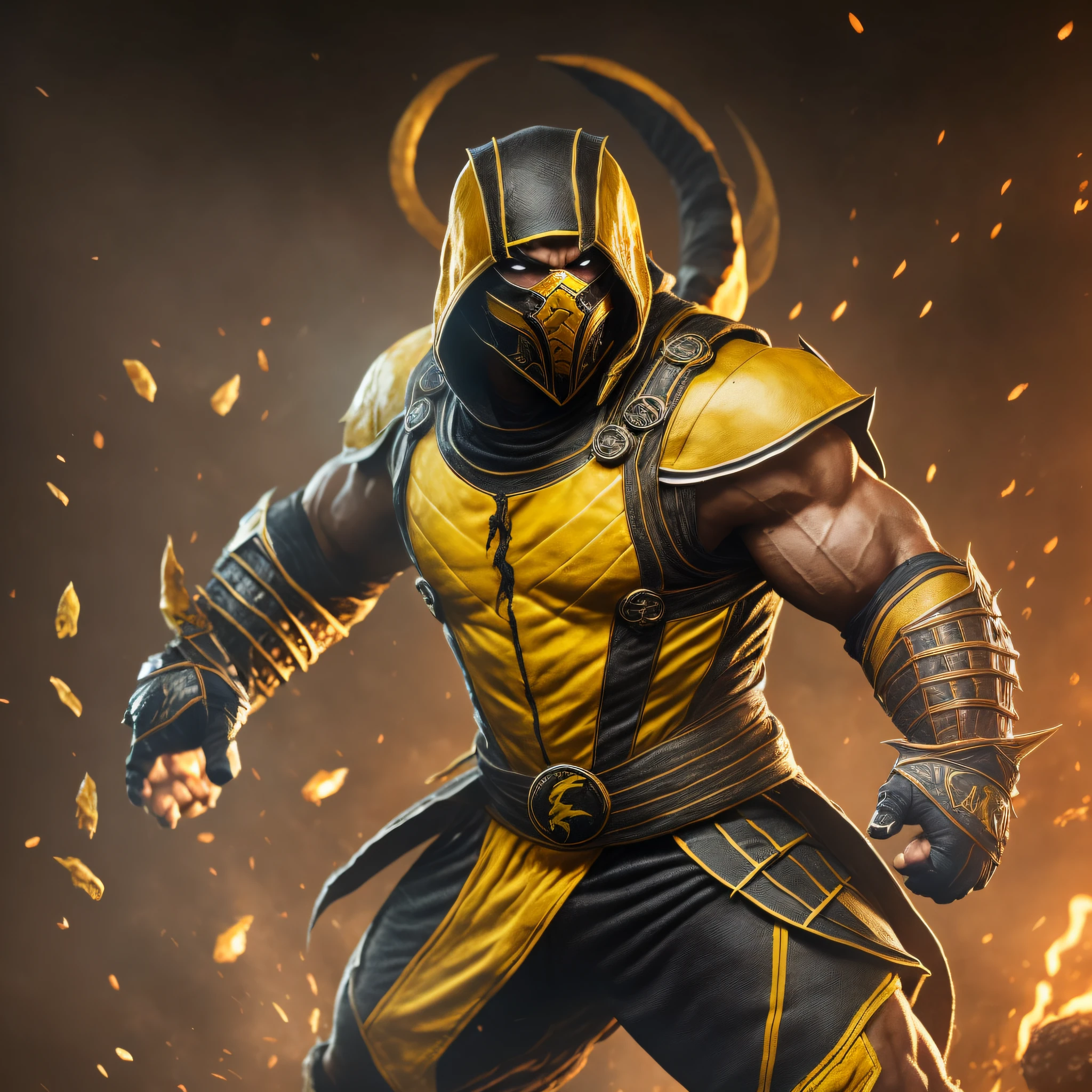 scorpion, mortal kombat, yellow clothing, white eyes, MAN, full body, photography, soft lighting, soft details, octane, artstation trend, ultra high detail, ultra realistic, cinematic --auto --s2