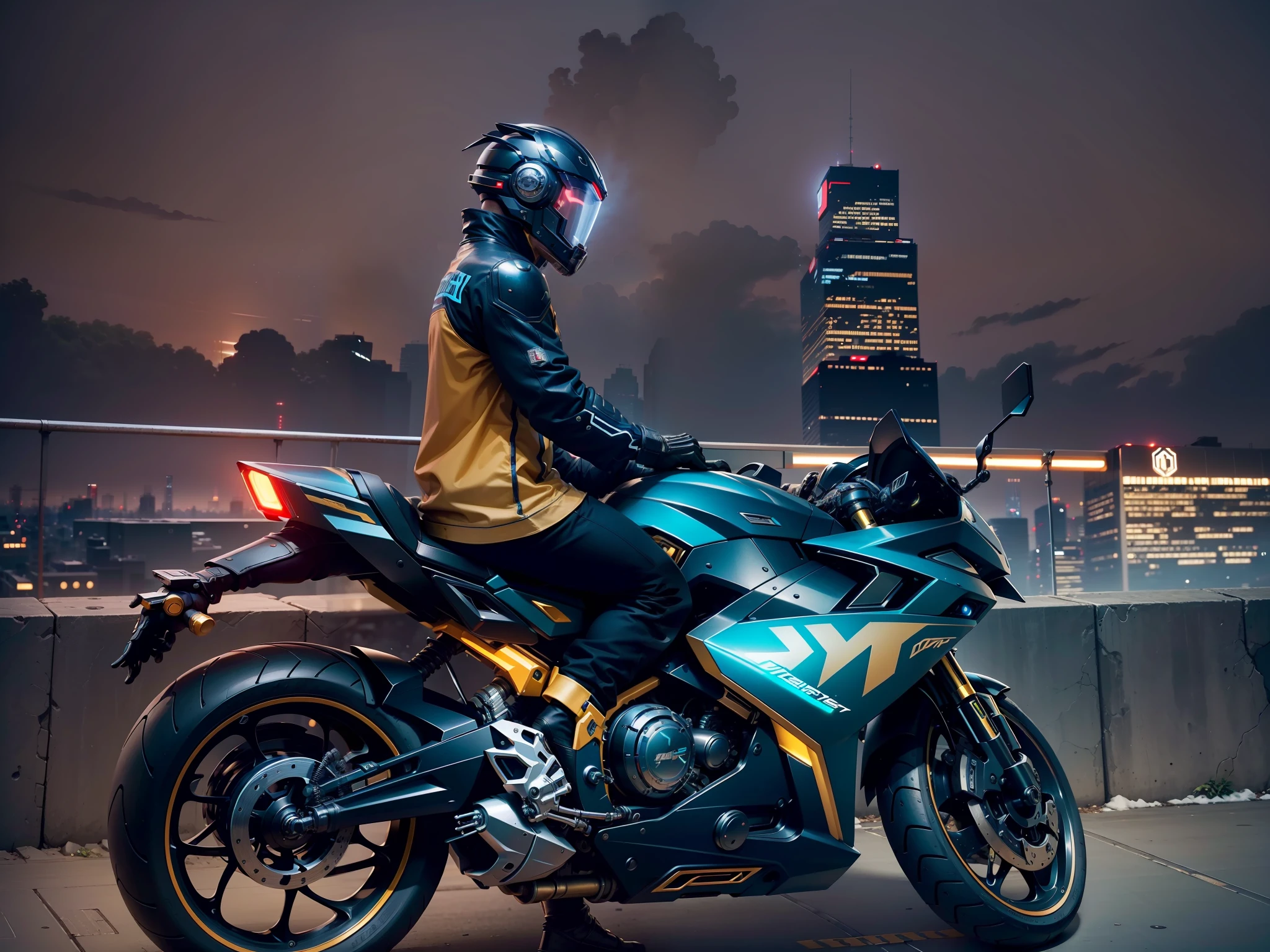 Cyber Warrior & Cybertech Mechanical Motorcycle, Mighty Male Warrior, Nousr, Biomechanics, MSHN Robot Man, Cybertech Full Surround Helmet, Surreal, Steel, Intricate Design, Crazy Detail, Fine Detail, Extremely Clear Lines, Cinematic Lighting, Photo Realistic, Detailed Masterpiece
