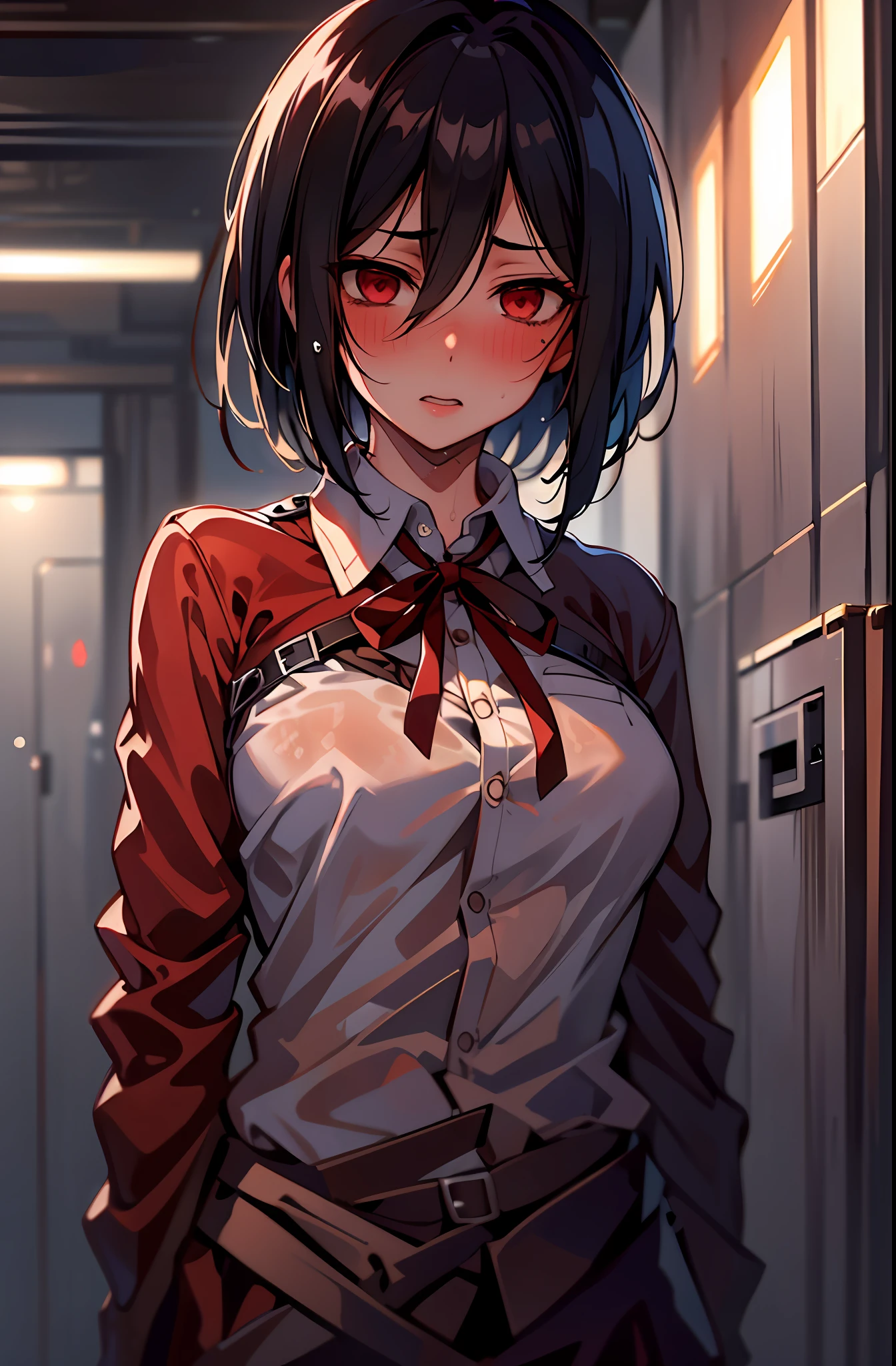 (masterpiece,best quality, detailed), 1girl, solo, indoors, night, upper body, sweat, ahegao, rolling eyes, blush, wet shirt,
Mikasa Ackerman , neck ribbon, collared shirt, school uniform,