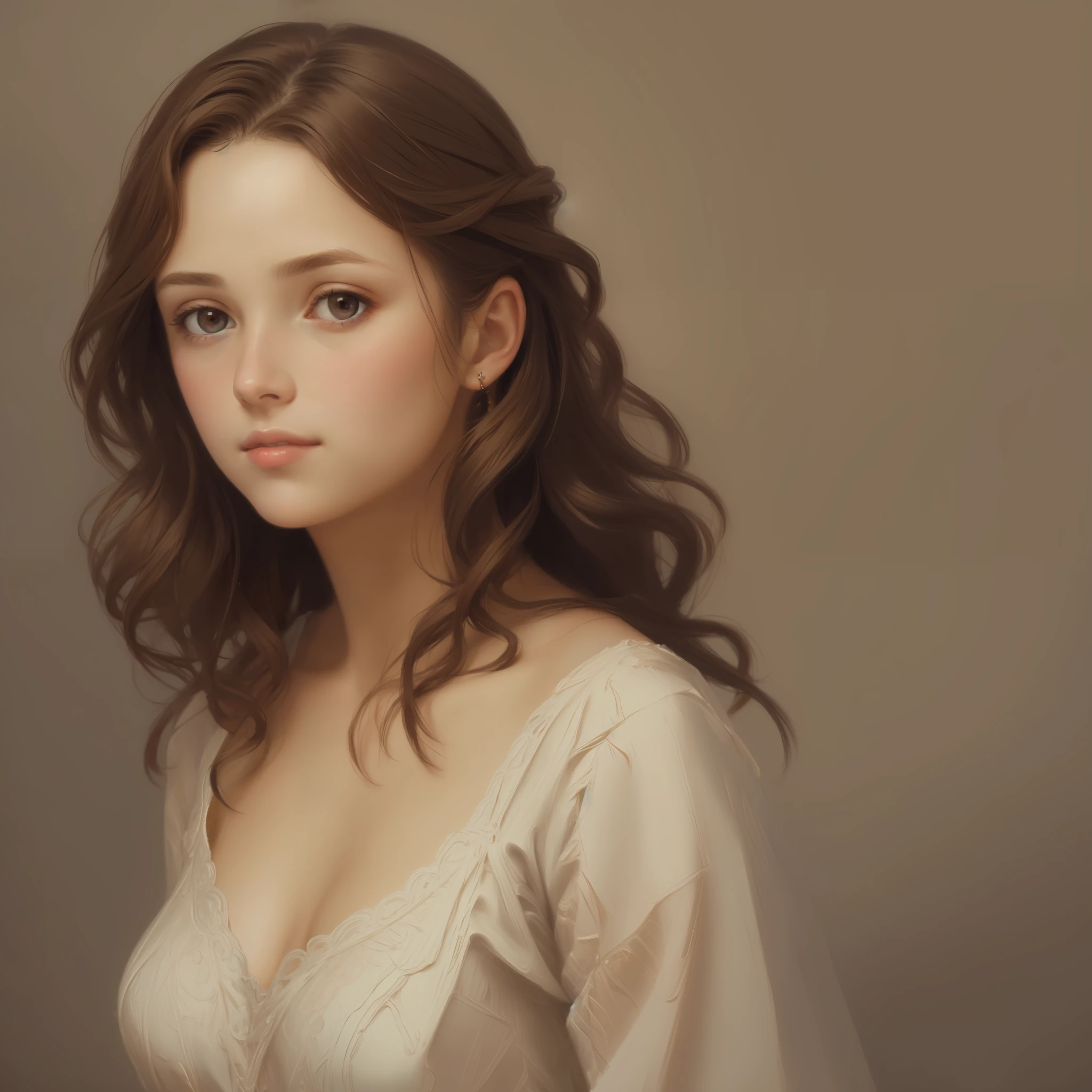 1girl, beautiful teenage girl, very small breasts, short wavy brown hair, portrait, oil painting, modern, realistic proportions, intricate, intricate details, sharp focus