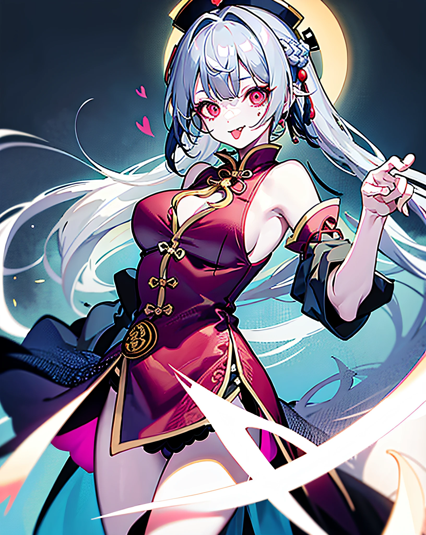 1 girl, big breasts, jiangshi, no underwear, no panties, no bra, expressionless, ((long hair)), dynamic, kung fu pose, gray hair, pale skin, Chinese dress, cowboy shot, tongue sticking out, long tongue, heart-shaped eyes, braids