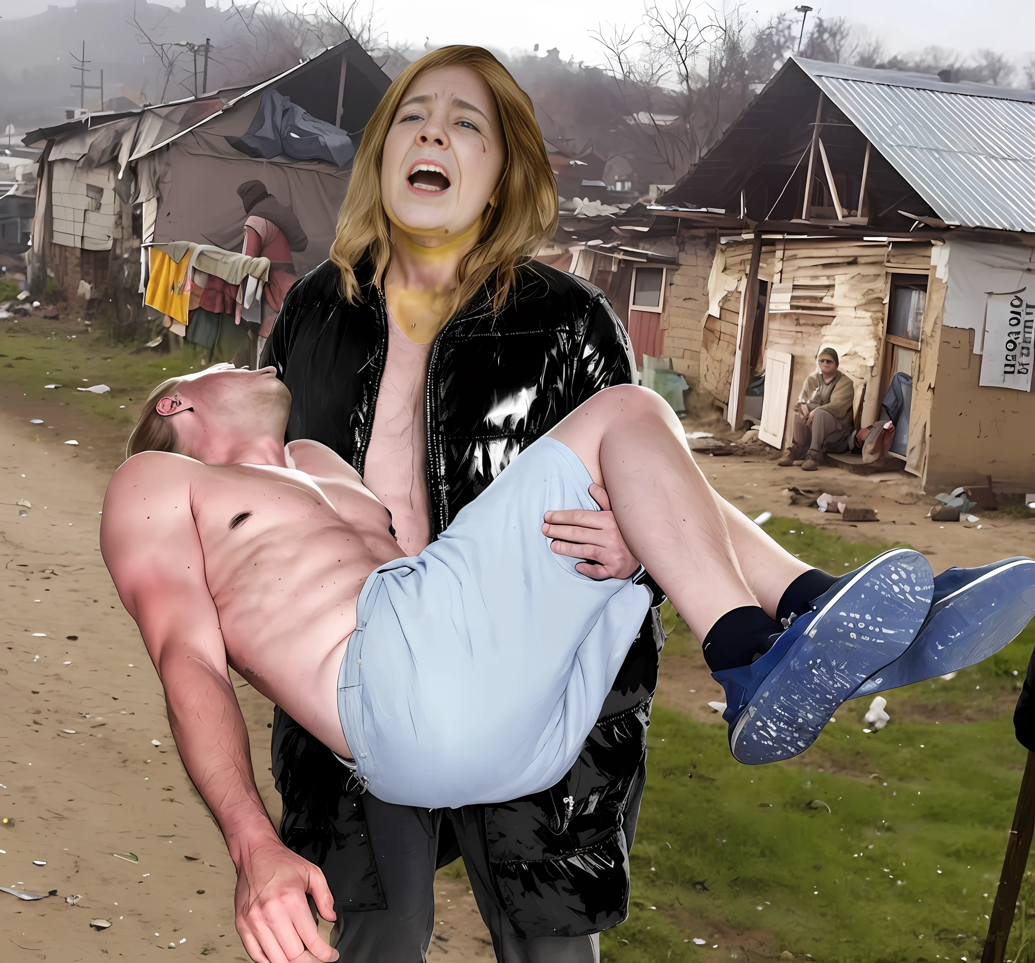 there is a desperately shouting woman holding a consciousless and wounded man in the air on a dirt road, a beautiful blond woman, a intensly madeup blond woman, a young and stylish young woman, internet meme, hrushevka on background, cursed images, crucifixion of conor mcgregor, cursed image, photo-shopped, background is a slum, donald ????? as a homeless man, photobashing, brutal fight, an ahoge stands up on her head, backyard wrestling, creepy!!!