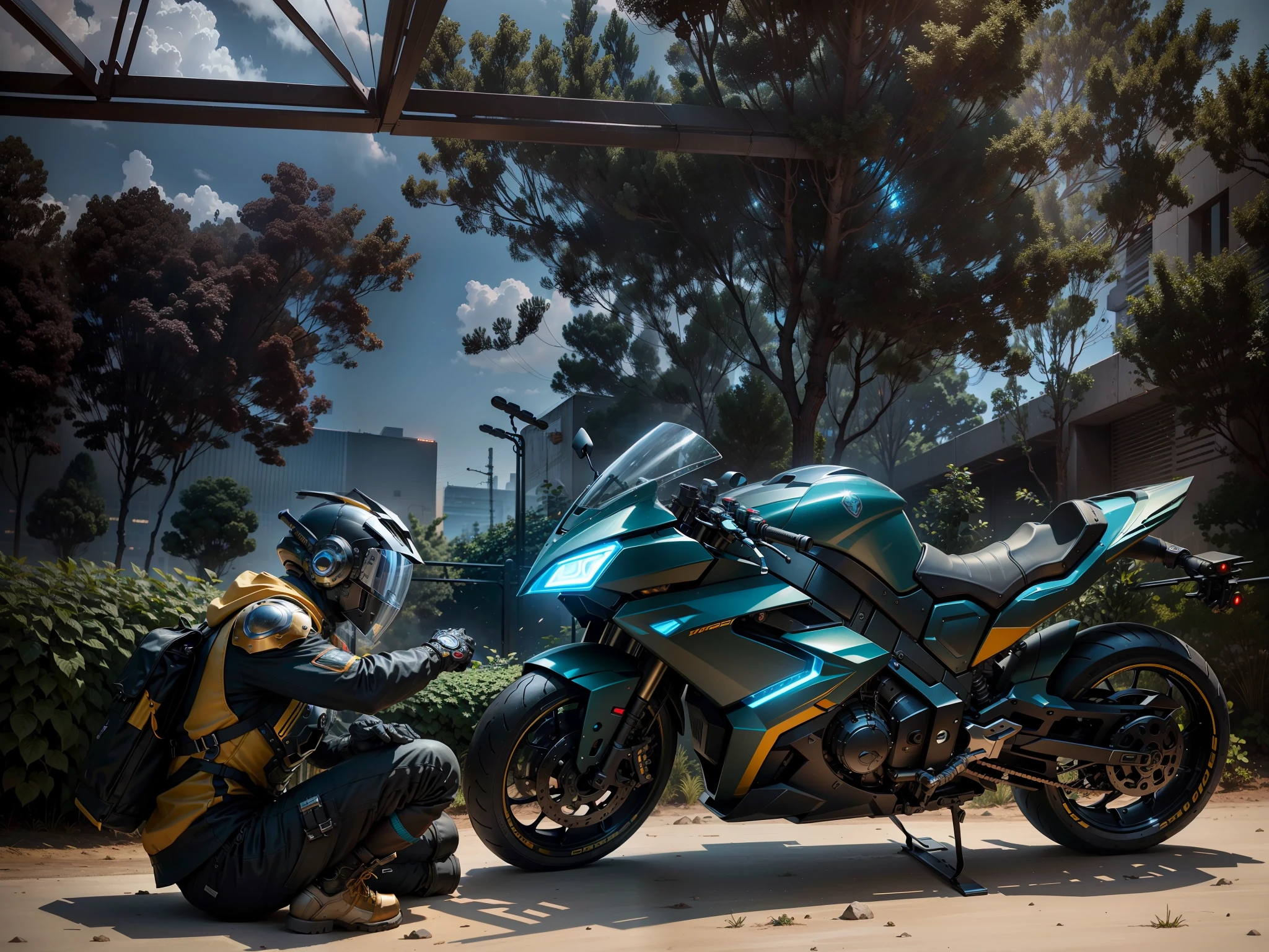 Cyber Warrior & Cybertech Mechanical Motorcycle, Mighty Male Warrior, Nousr, Biomechanics, MSHN Robot Man, Cybertech Full Surround Helmet, Surreal, Steel, Intricate Design, Crazy Detail, Fine Detail, Extremely Clear Lines, Cinematic Lighting, Photo Realistic, Detailed Masterpiece