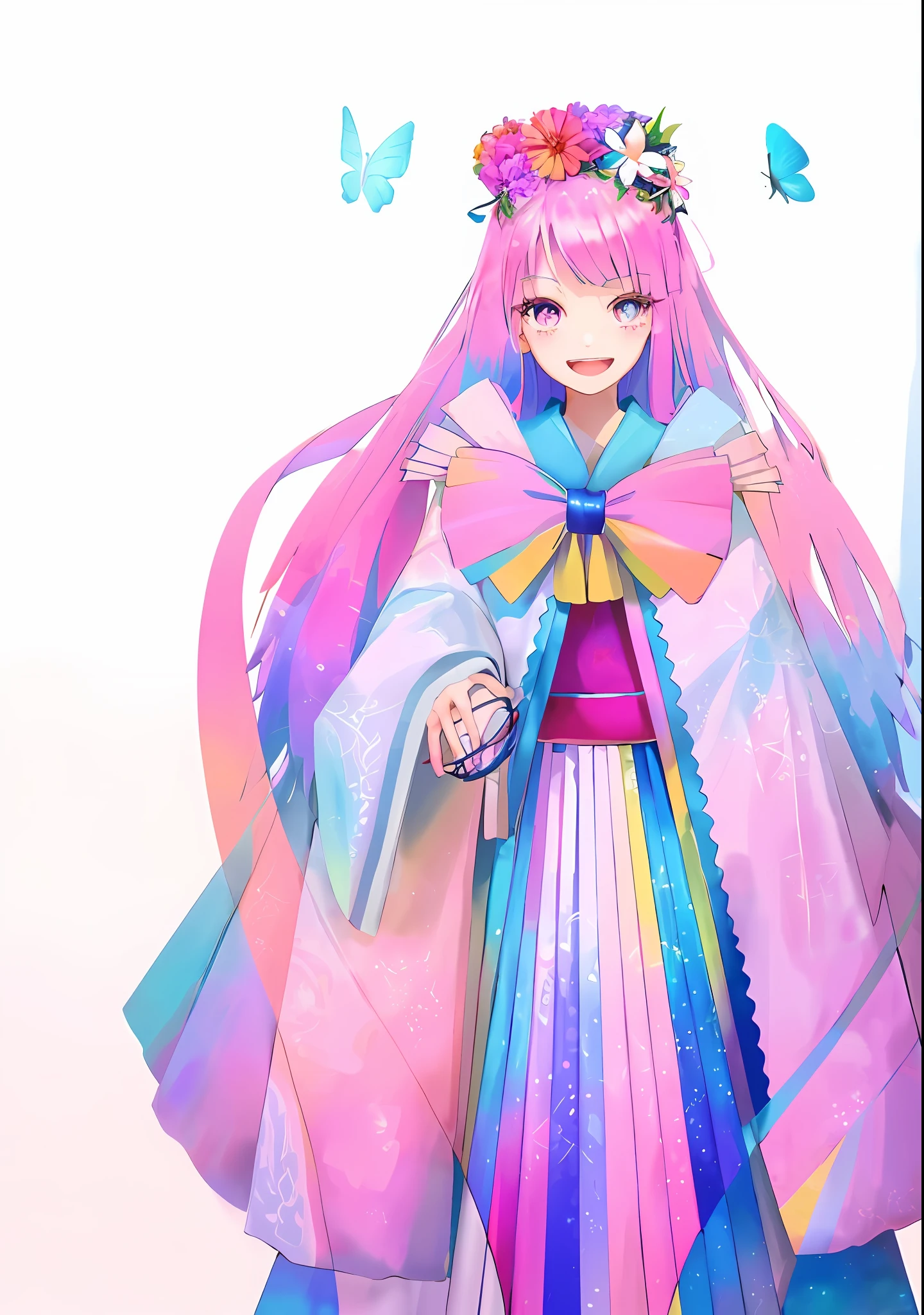 Draw a woman in a flower crown dress, colorful inner hair, flower crown, butterfly, colorful eyes, smile, movie lighting, anime, sparkle, anime style, UHD, best quality, best quality, high resolution