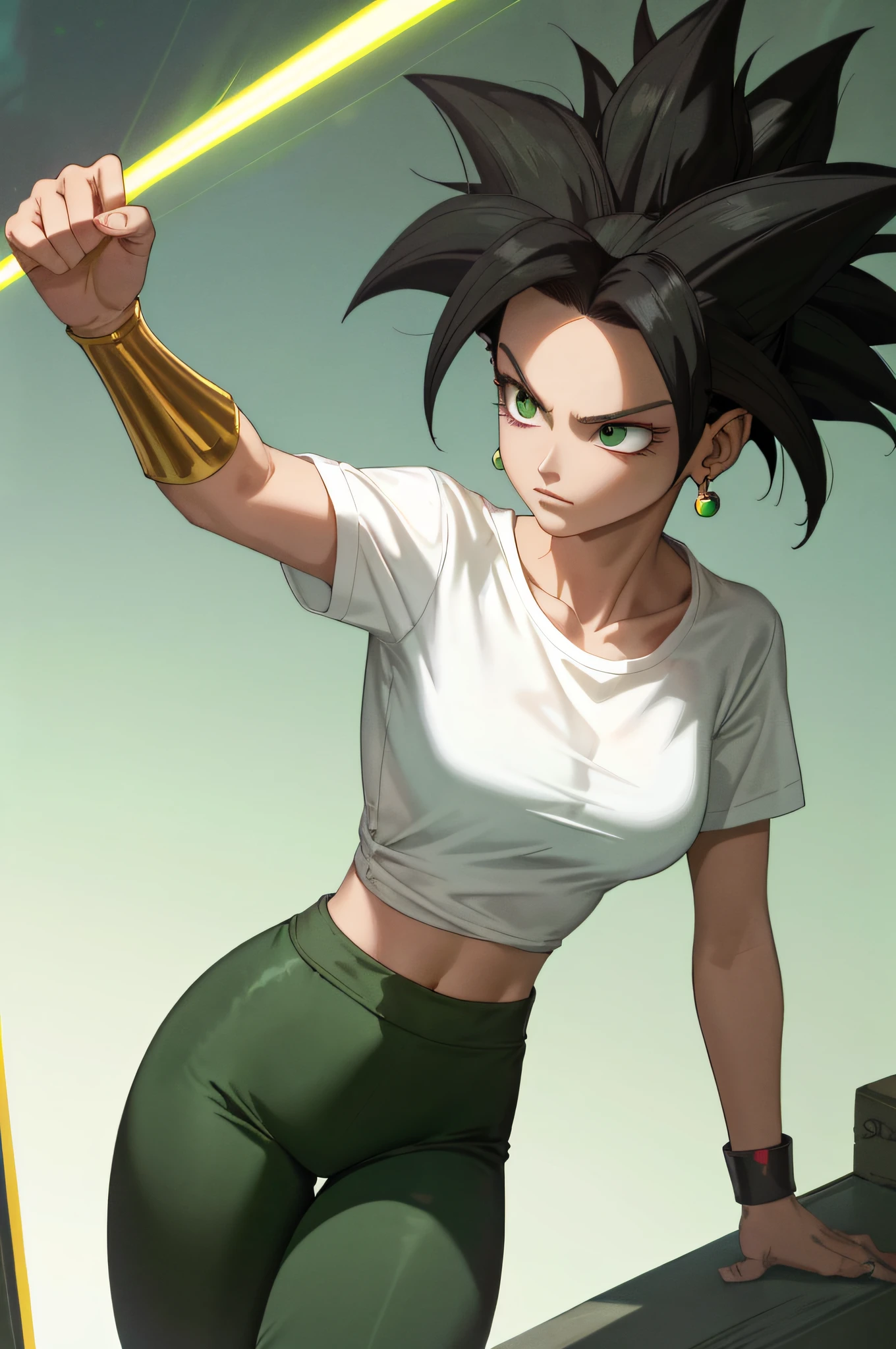 (best quality, masterpiece), black hair, green earrings, not shiny red leggings, very wide white shirt on the outside, toned, conceited, serious, fighting, kefla, backlight,