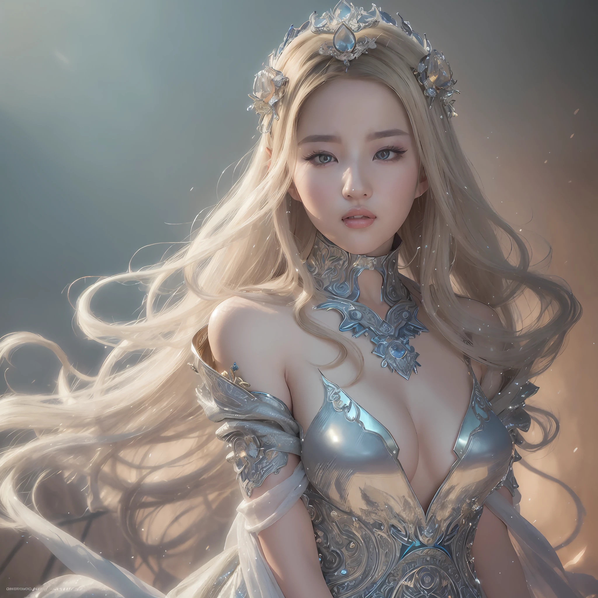 a woman in a silver dress posing for a picture, concept art by Raymond Han, cgsociety contest winner, fantasy art, ((a beautiful fantasy empress)), fantasy dress, a beautiful fantasy empress, karol bak uhd, fantasy gorgeous lighting, fantasy woman, fantasy robe, blonde goddess, style of karol bak, draped in shiny gold and silver, sexy gown