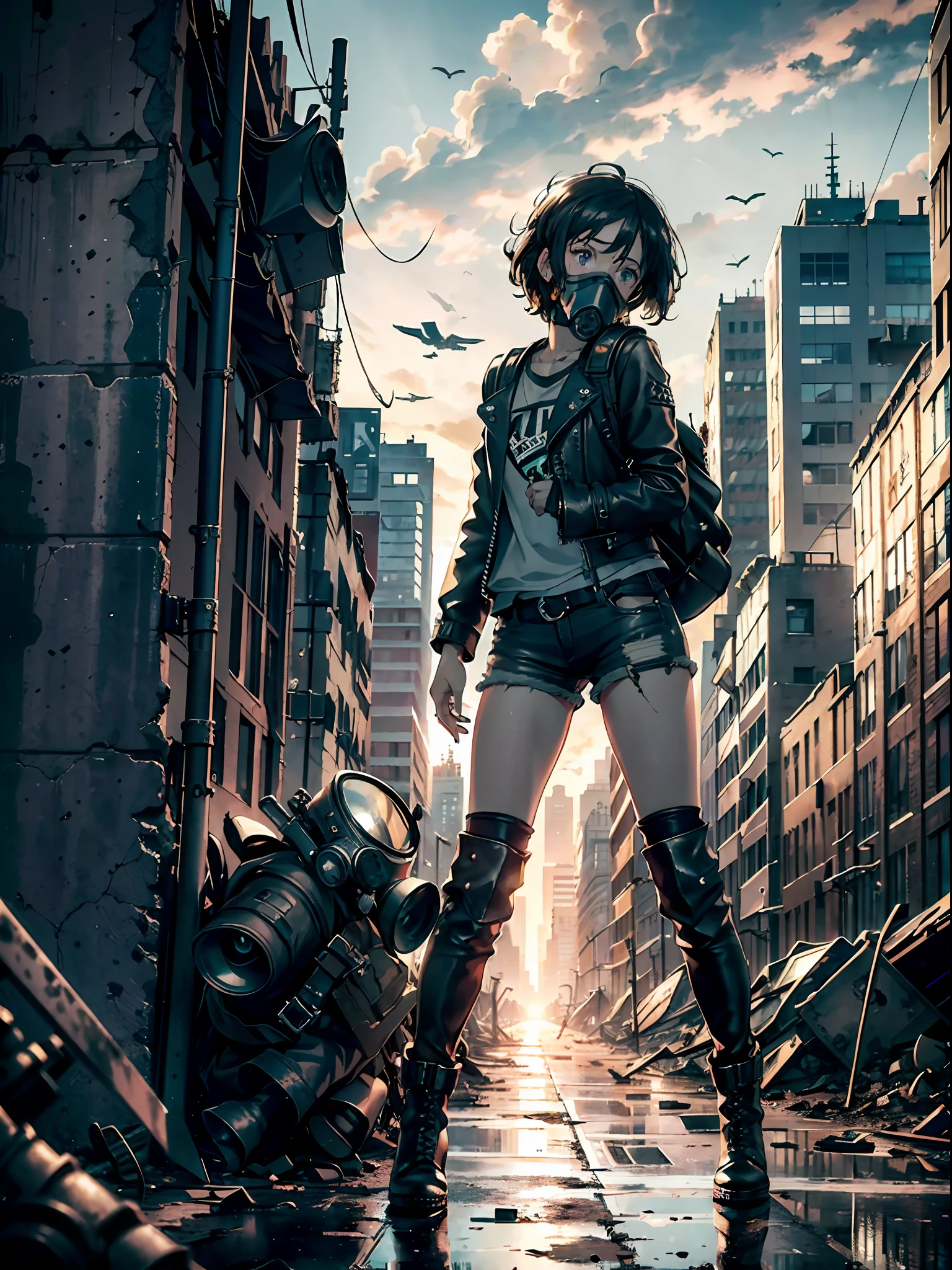 1girl, (solo:1.2), ((masterpiece)), [slim], (small chest), pale skin, ((detailed eyes)), (bokeh effect), (dynamic angle), dynamic pose, (deserted city:1.3), short curly hair, leather jacket, ripped jeans, high boots, (backpack), knife holder, (gas mask:1.2), (ruined buildings), (dark and cloudy sky), dirty hair, (wasteland:1.3), dirty hair, radio