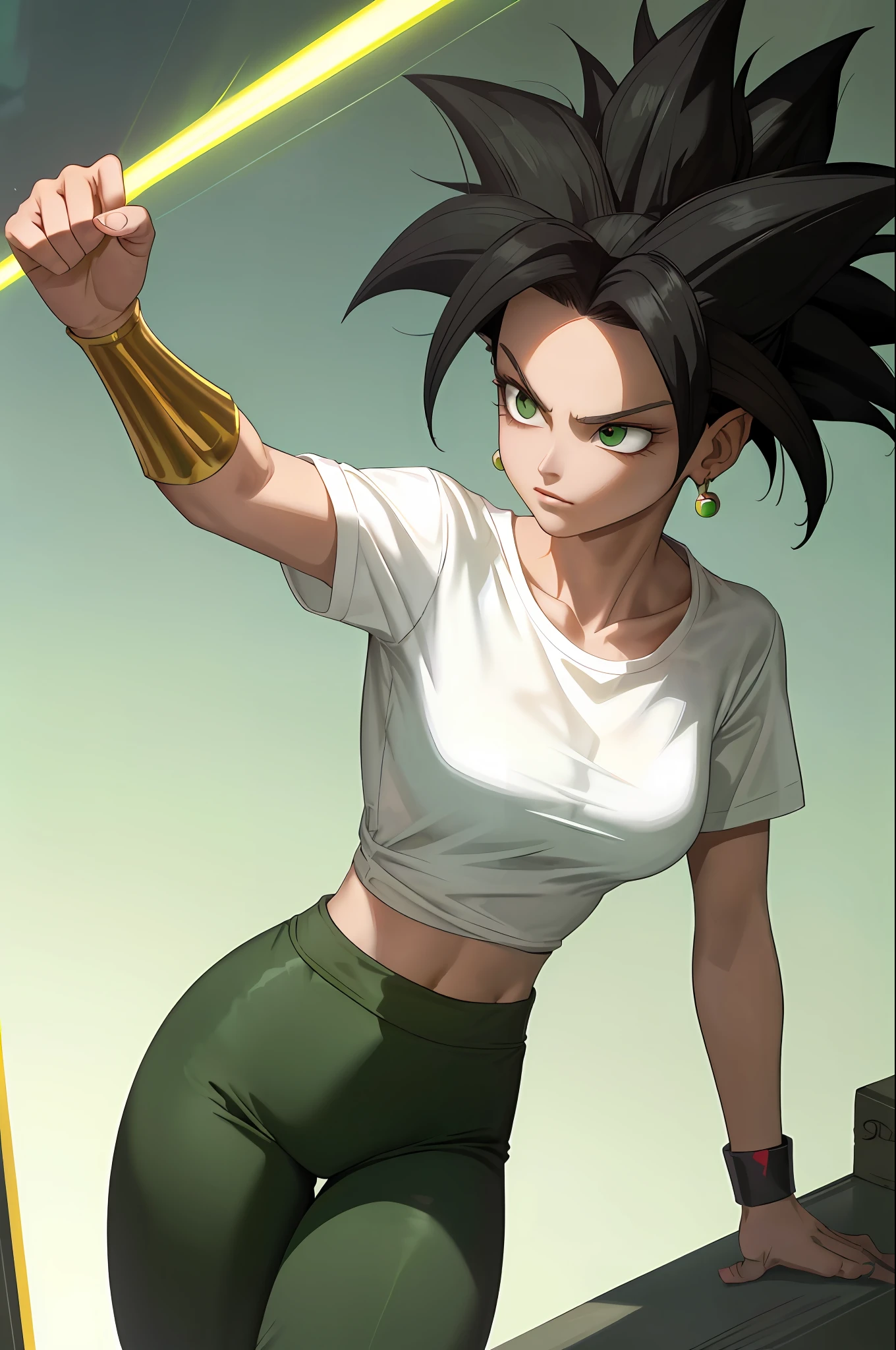 (best quality, masterpiece), black hair, green earrings, not shiny red leggings, very wide white shirt on the outside, toned, conceited, serious, fighting, kefla, backlight,