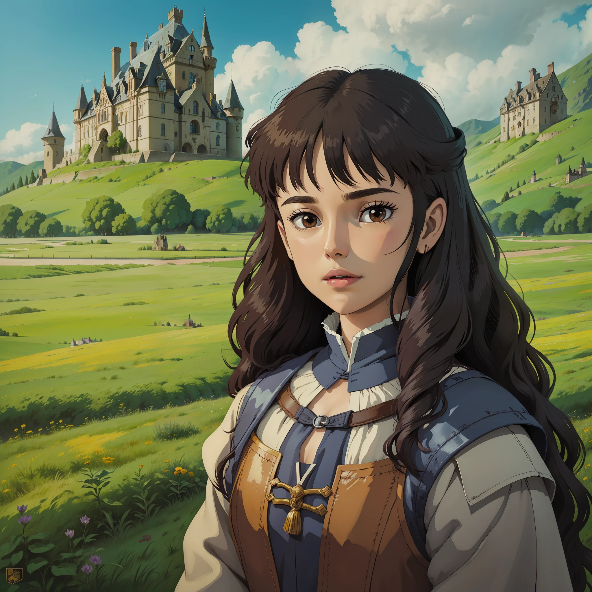 Girl, teenager, curly black hair, brown eyes, black skin, MEDIEVAL CLOTHING, STUDIO GHIBLI STYLE, PORTRAIT, PORTRAIT, MEADOW BACKGROUND WITH CASTLE IN THE BACKGROUND