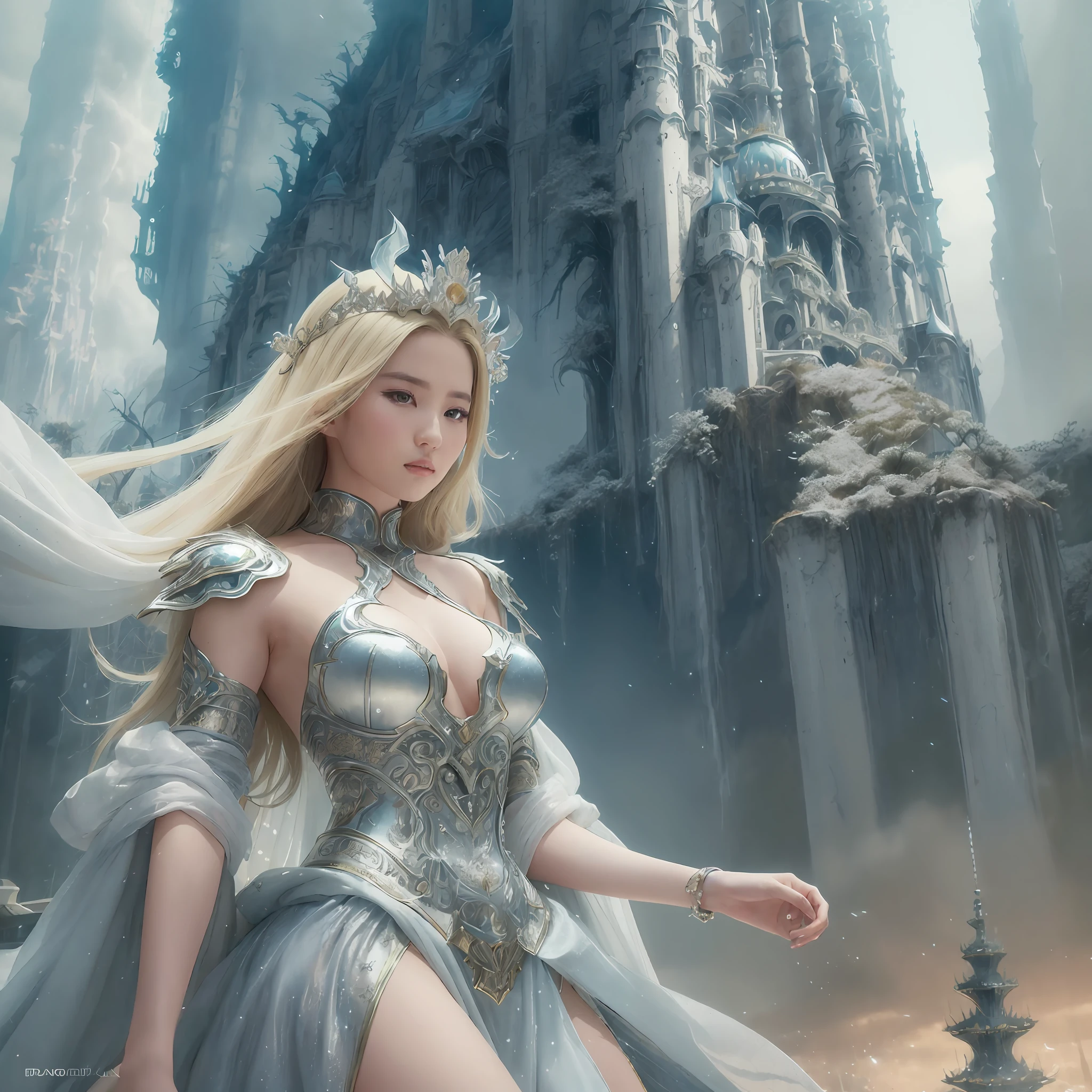 a woman in a silver dress posing for a picture, concept art by Raymond Han, cgsociety contest winner, fantasy art, ((a beautiful fantasy empress)), fantasy dress, a beautiful fantasy empress, karol bak uhd, fantasy gorgeous lighting, fantasy woman, fantasy robe, blonde goddess, style of karol bak, draped in shiny gold and silver, sexy gown