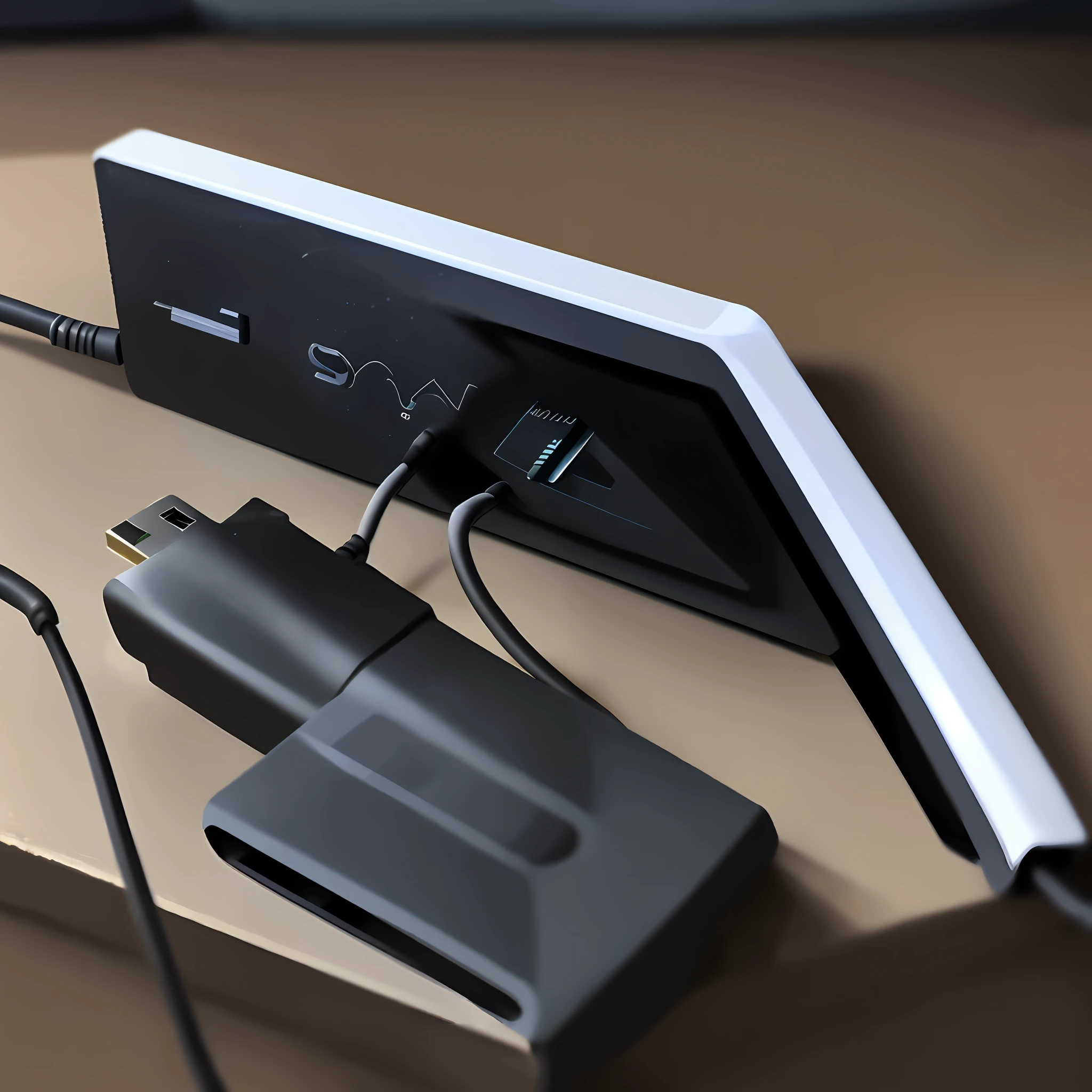 An HDMI adapter on the table, give it a close-up, with a little small decoration commonly used on the table around it, the overall bright style.