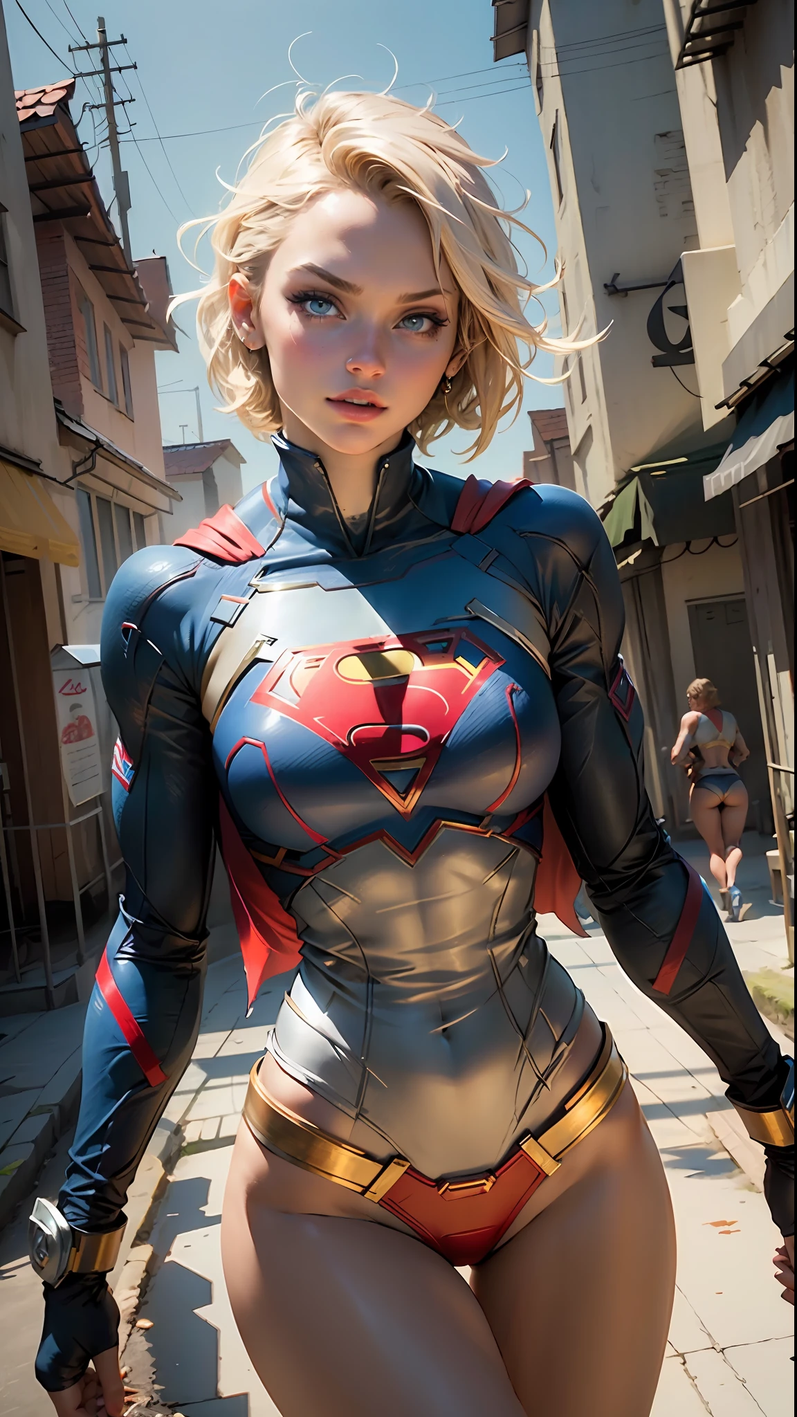 "((best quality,best illumination)), beautiful model with short hair and athletic body, wearing Supergirl cosplay, accentuated and highlighted breasts, dynamic pose, colorful background, high saturation, vibrant lights."