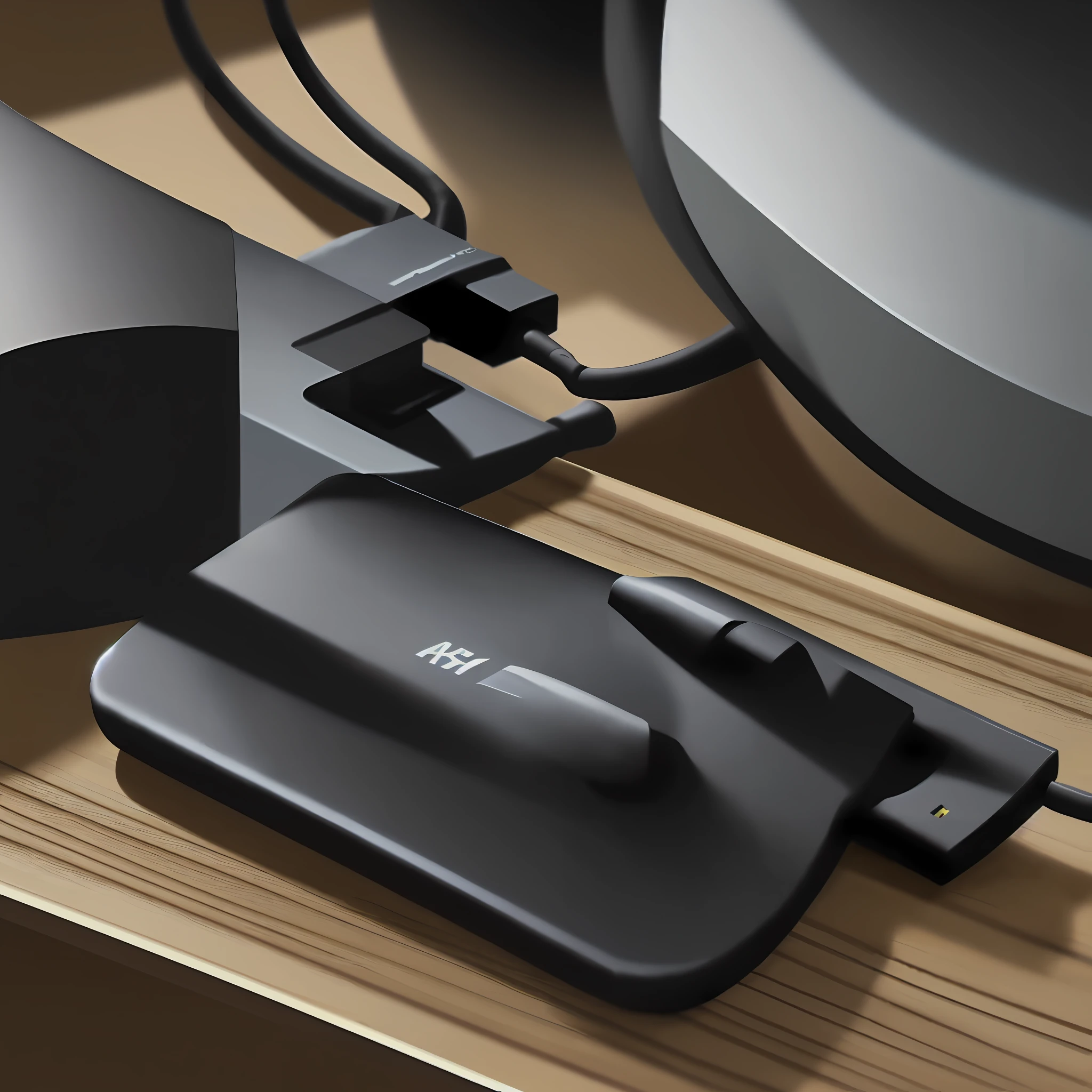 An HDMI adapter on the table, give it a close-up, with a little small decoration commonly used on the table around it, the overall bright style.