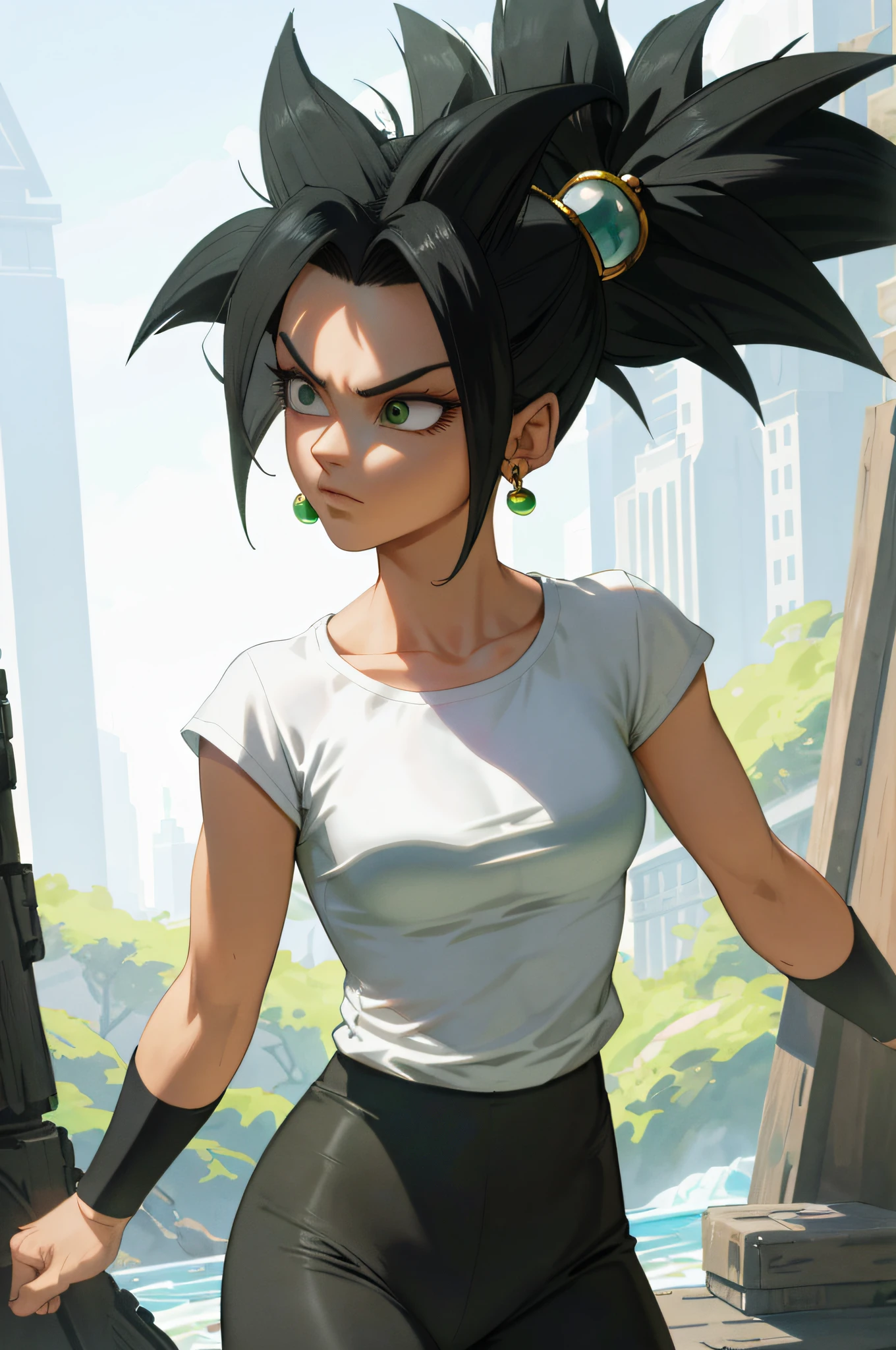 (best quality, masterpiece), black hair, green earrings, leggings, very wide white shirt, toned, conceited, serious, fighting, kefla, backlight,