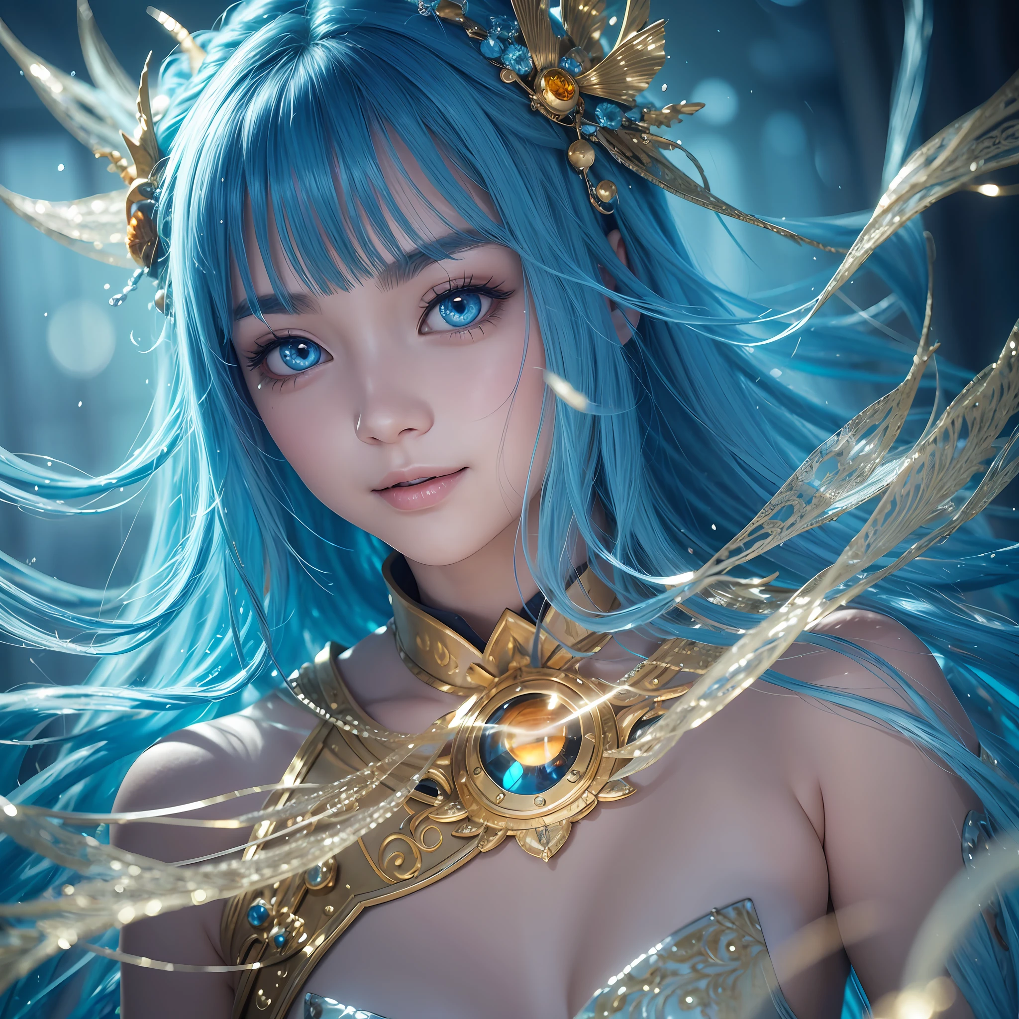 fish hair ornament, bright eyes, sparkling pupils, amber eyes, laughing, high detail, Surrealism, hyperrealism, ray tracing, depth of field, cinematic lighting, reflective light, bright light, film grain, close-up, panorama, 16k, masterpiece, super detail, a people living underwater, blue hair, very long hair, close mouth, smile face, full fine armour --auto --s2