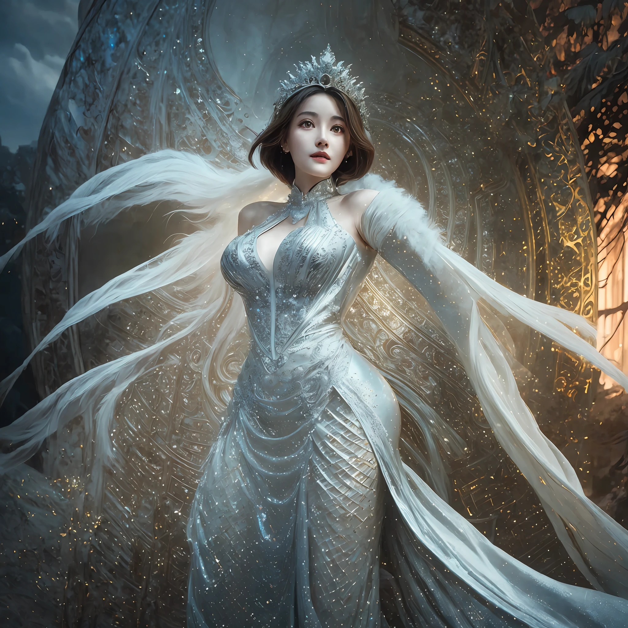 a woman in a silver dress posing for a picture, concept art by Raymond Han, cgsociety contest winner, fantasy art, ((a beautiful fantasy empress)), fantasy dress, a beautiful fantasy empress, karol bak uhd, fantasy gorgeous lighting, fantasy woman, fantasy robe, blonde goddess, style of karol bak, draped in shiny gold and silver, sexy gown