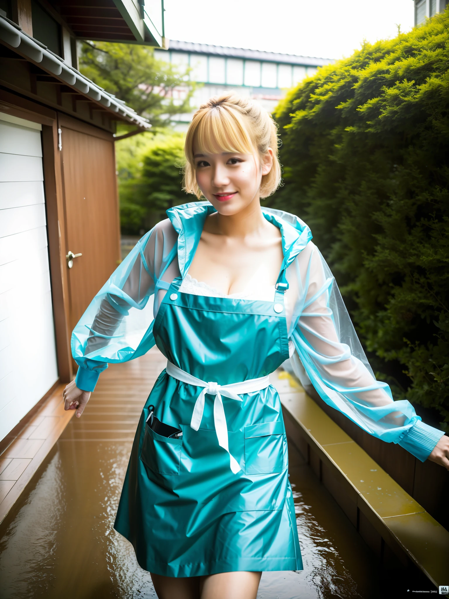 (8K, best quality:1.2), (masterpiece:1.37), (photo, photorealistic:1.37), (ultrahigh-res) Plastic raincoat made of garbage bag like light blue underwear, naked directly raincoat, collarbone, exposed, high definition film photo, Japan woman, 8k, hydrangea, heavy rain, street, June, wistful, kinky pose, looking back, photo of th3r0ck as a playful maid, 1girl, undercut hair, apron, amazing body, pronounced feminine feature, busty, kitchen, blonde medium hair, flirting with camera