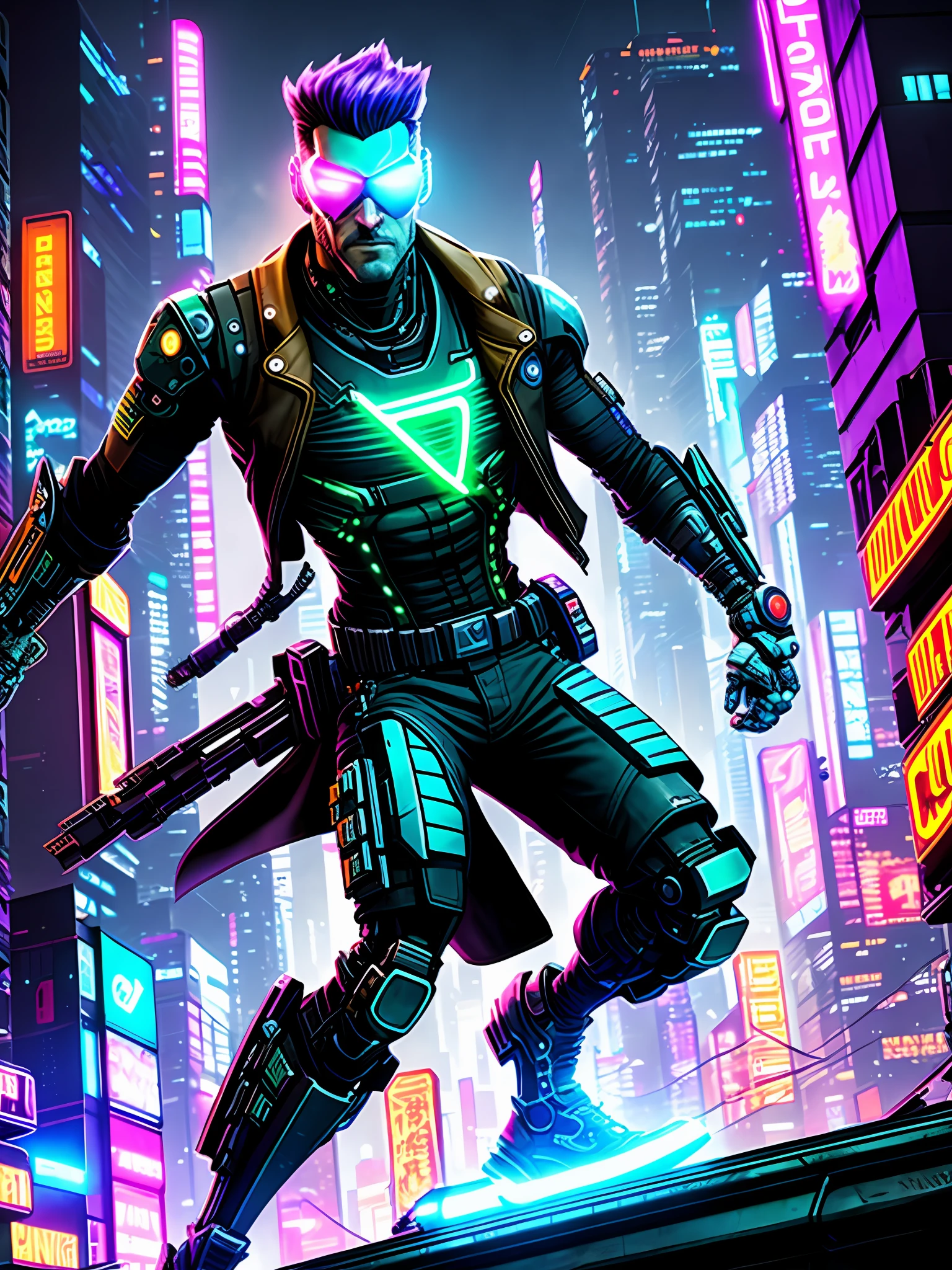 Mercury: A cybernetic smuggler known for his lightning-fast reflexes and agility. Mercury skates through the city's neon-lit streets, evading authorities and delivering contraband, all while staying one step ahead of the law. 16k, cyberpunk