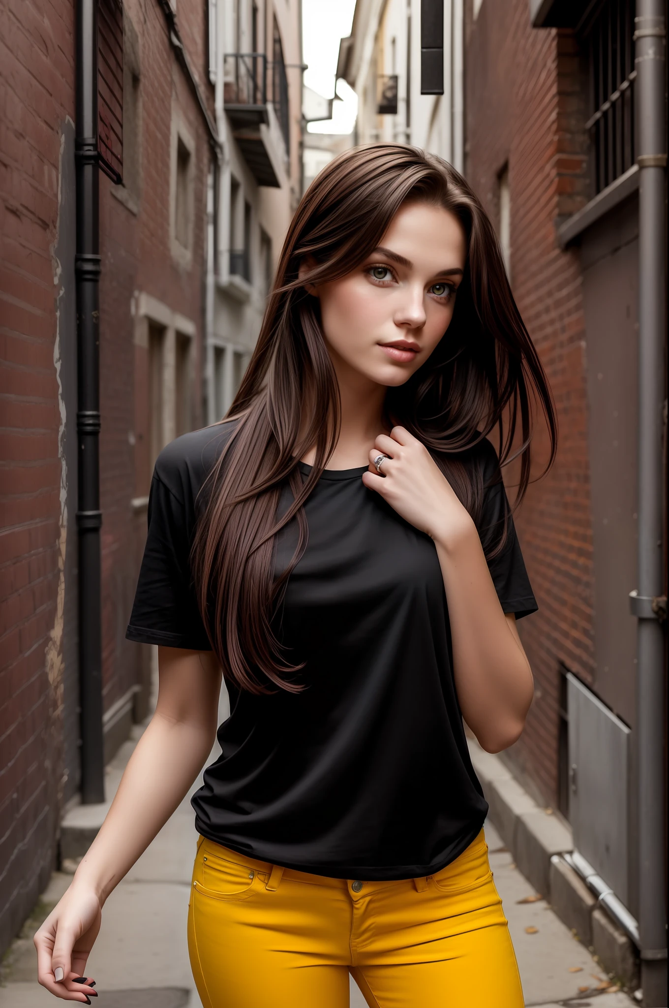 A photo ((portrait)) of a young woman standing in a back alley, looking at the viewer. long hair, thin lips, red, flirting with the camera. Wearing dark jeans and a black T-shirt.