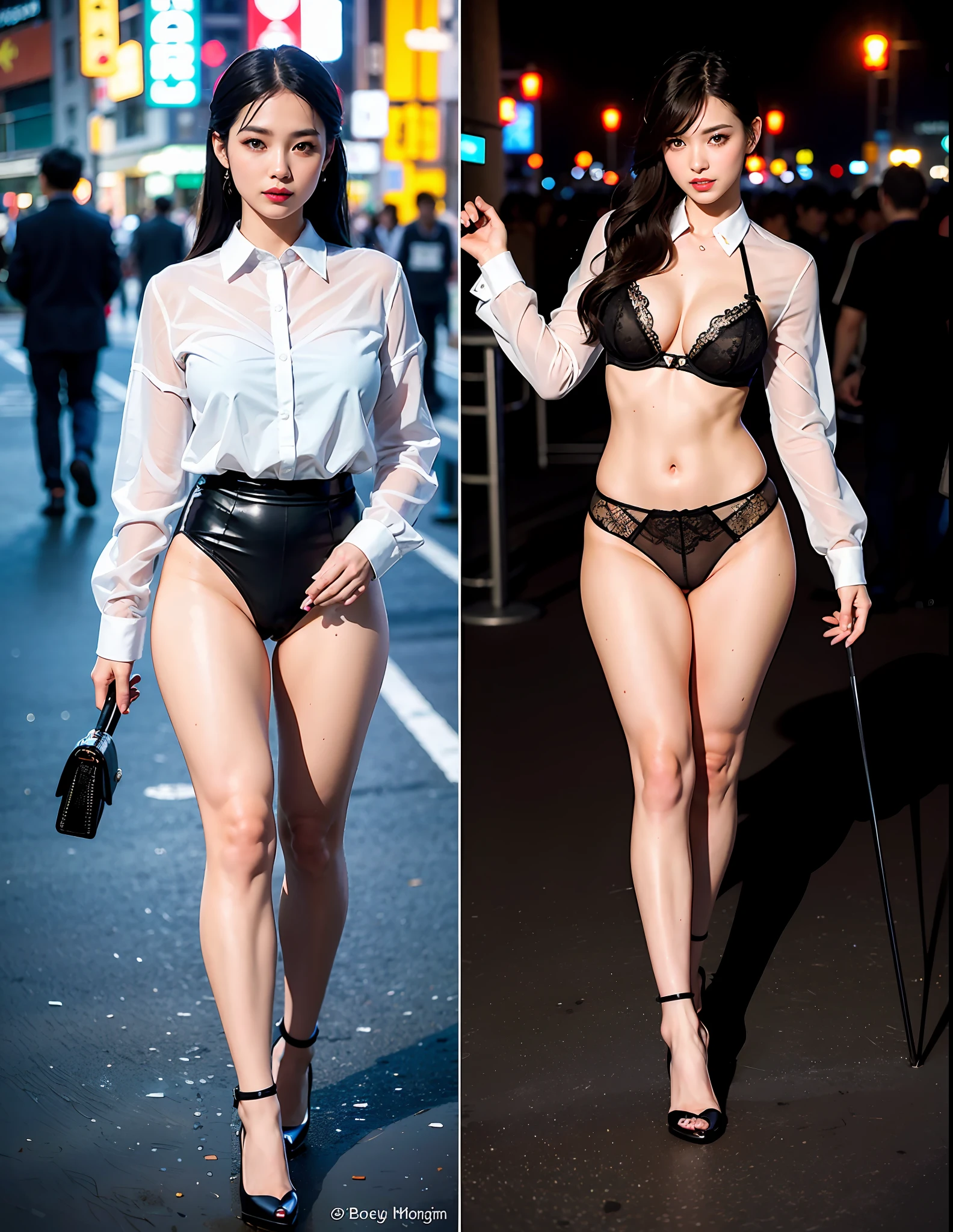 (8k, RAW photos, highest quality, masterpiece: 1.7). (Realistic, Photorealistic: 1.9). 1 girl. Japanese. Woman. Tokyo's cityscape. Night. Professional lighting. Photon mapping. Radio City. Big tits. See-through shirt. The tips of the are sticking out. Areola protruding. The shape of the pubic area is clearly visible. Gal. Lots of lashes. Pure black eyeshadow. Pitch black lip. Pitch black heels. Pubic hair. The lower abdomen bristles. Slender. The crotch is open. My are big and are about to spill out of my bra. Very much pubic hair. Pubic hair protrudes very much.
