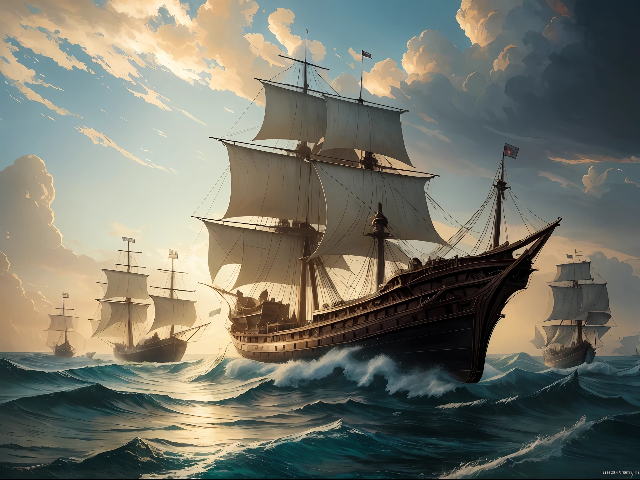 The ocean, a single galleon ship, desperately turning the rudder even if it seems to be caught in a huge whirlpool, a huge octopus in the whirlpool, a battle for victory and despair, dimly lit tilt shift ambient lighting, vignette, intricate, surreal, highly detailed, lifelike, photorealistic, digital painting, artstation, sharp focus, illustration, concept art, ruan jia, steve mccurry