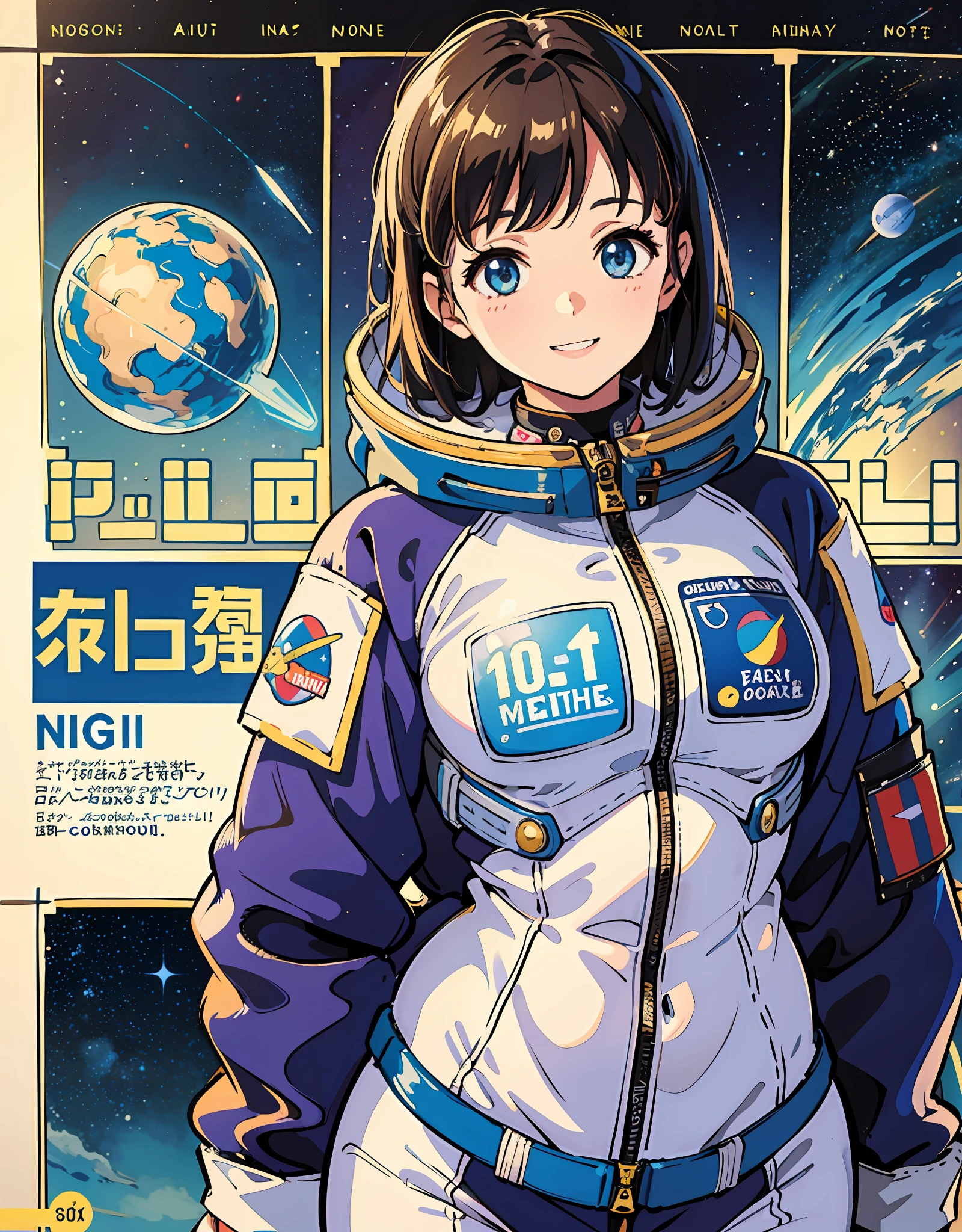 (Best Quality, Masterpiece), Front cover of astronaut idol magazine, 1girl, , stunning, cute, heartwarming smile, hourglass figure, wearing vivid color heavy space suits, text, diagrams, advertisements, magazine title