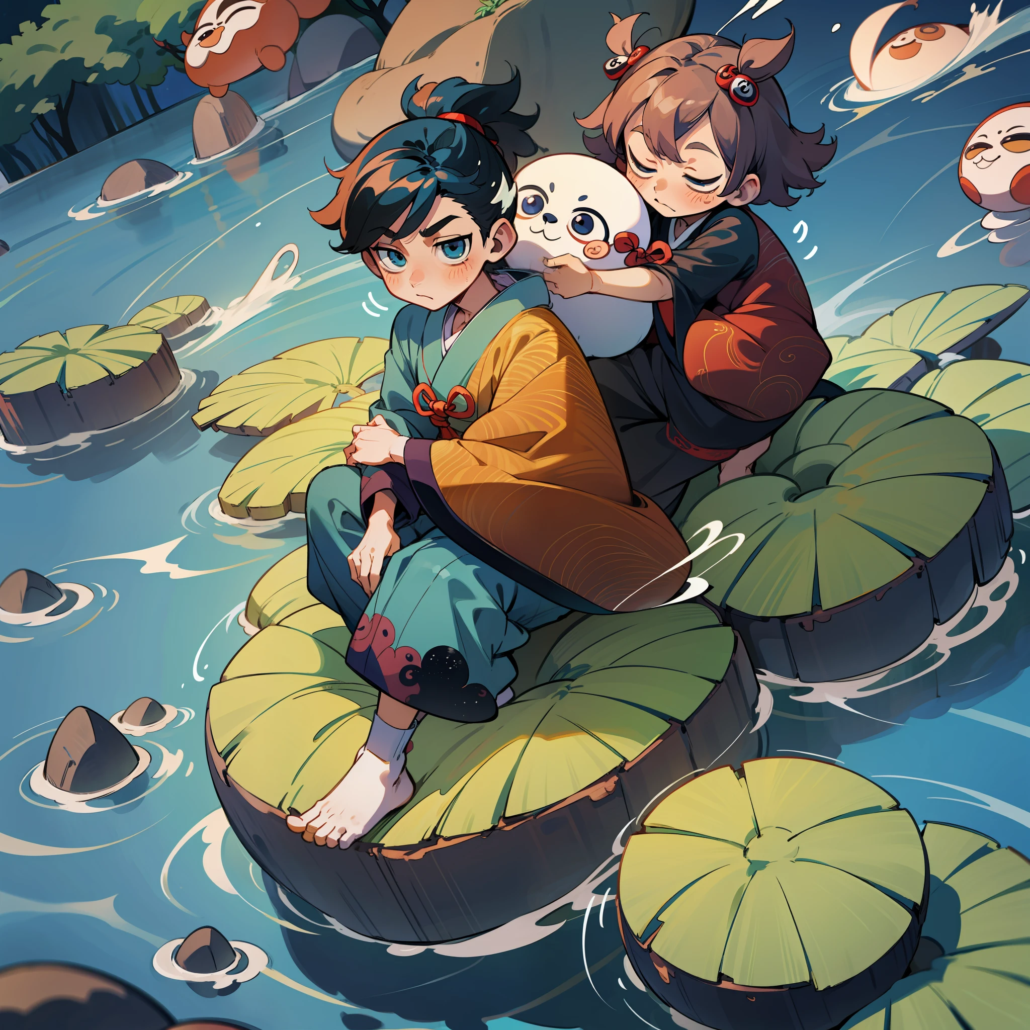 Boy, sitting on a rock, cute yokai, motion blur, story graphics