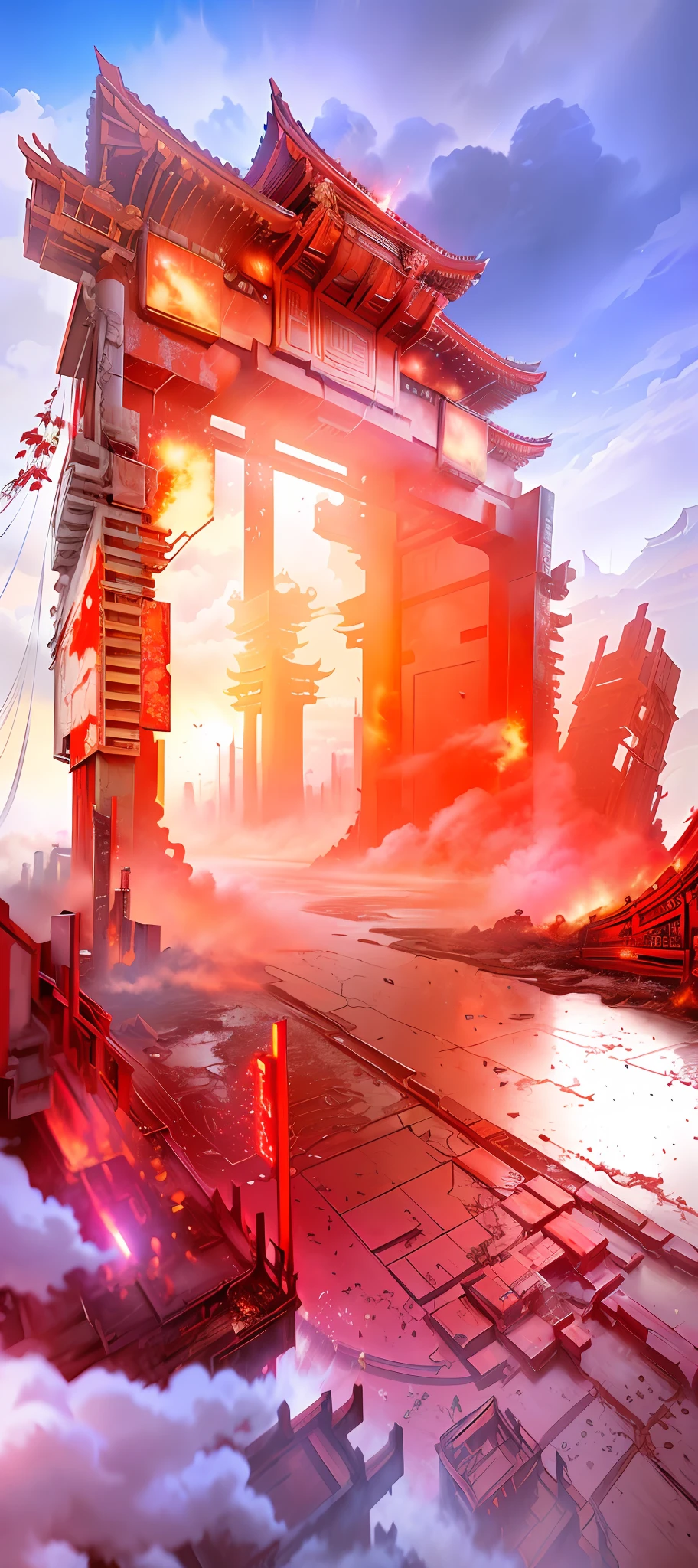 Chinese Ancient Architecture, Gate, Bloodbath Battlefield Background, Dream Screenshot Art, Destroying the Cityscape, Explosions Everywhere, Cyberpunk Ancient Chinese City, [Explosion & Fire], inspired by Kiyoshi Torii, inspired by Ryunari Kishida, Burning City Background, from Azure Lane video game