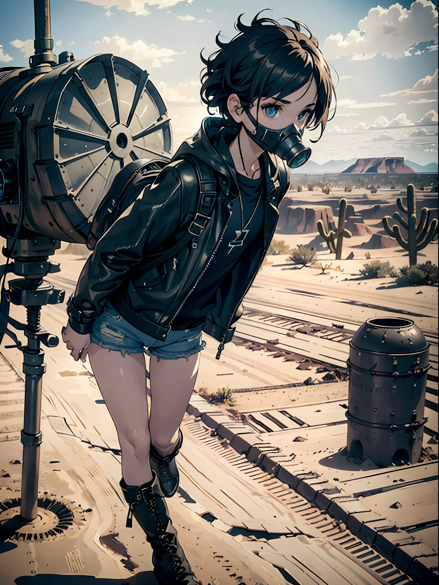 1girl, (solo:1.2), [slim], (small chest), pale skin, ((detailed eyes)), (bokeh effect), (dynamic angle), dynamic pose, short curly hair, leather jacket, ripped jeans, high boots, (backpack), knife, (gas mask:1.2), (dark and cloudy sky), dirty hair, (desert wasteland:1.3), dirty hair, radio, ((masterpiece)), collapsed highway, (desert)